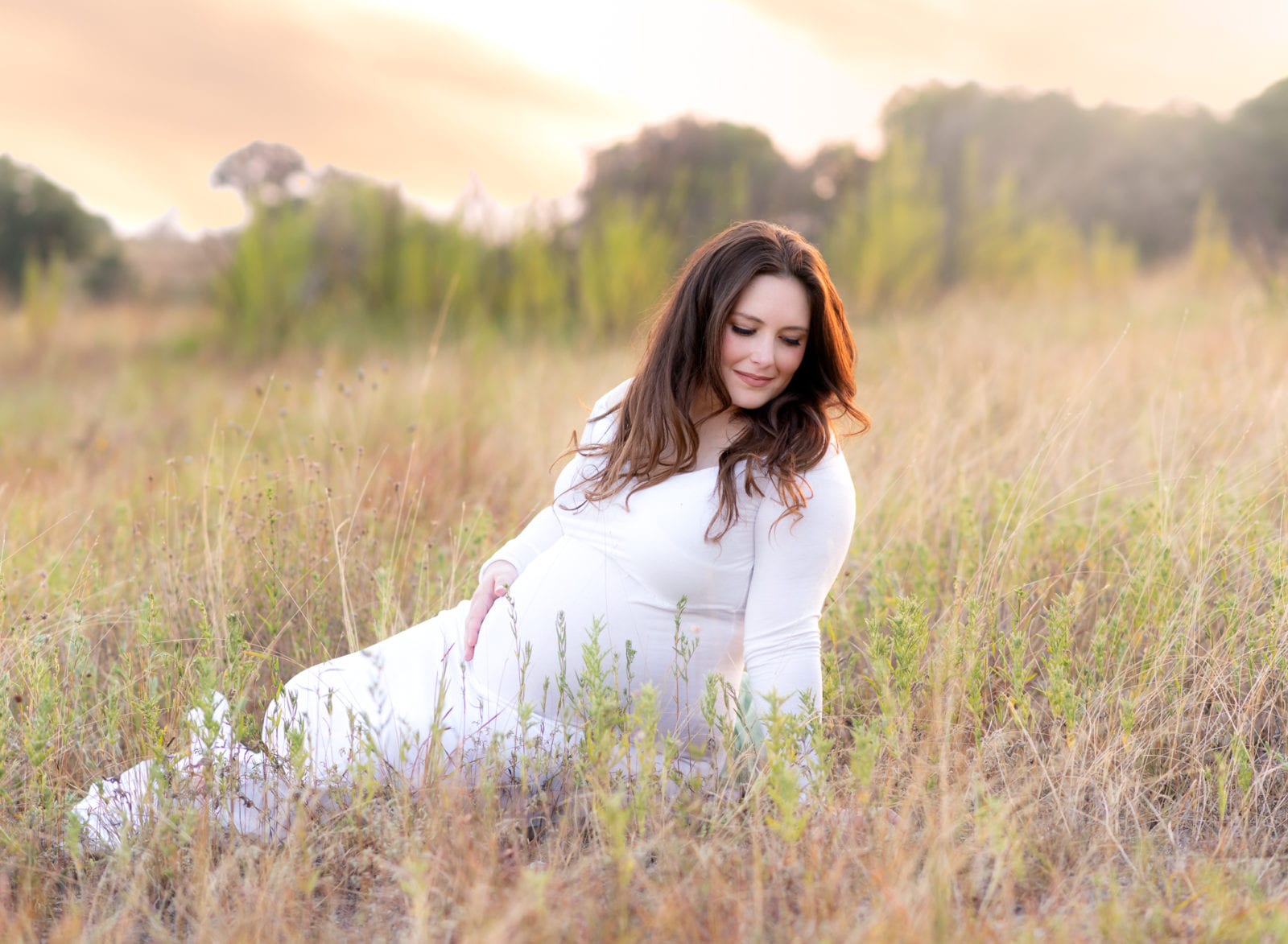 Maternity pics in a field at sunset.