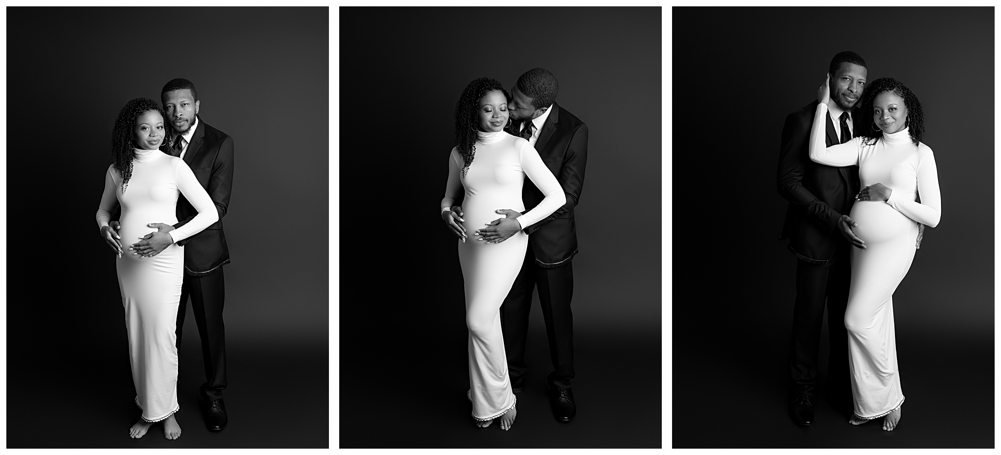 couple maternity photoshoot ideas white maternity dress black suit
