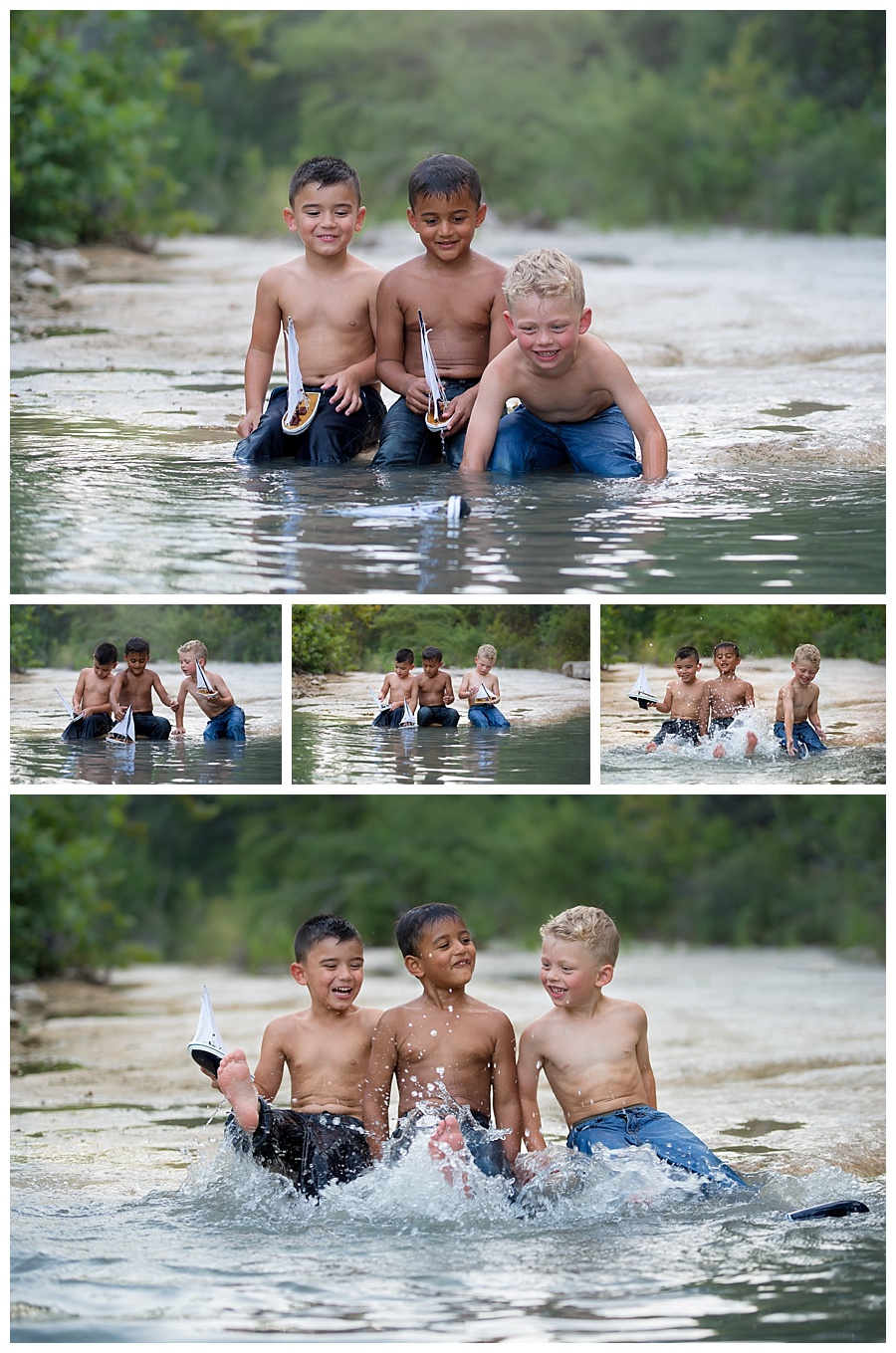 3 boys splashing in the creek