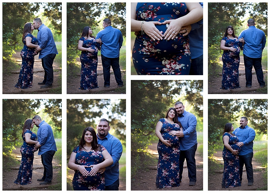 A montage of maternity photos featuring a woman in a blue floral maternity dress and a man in jeans and a blue button-up shirt. 