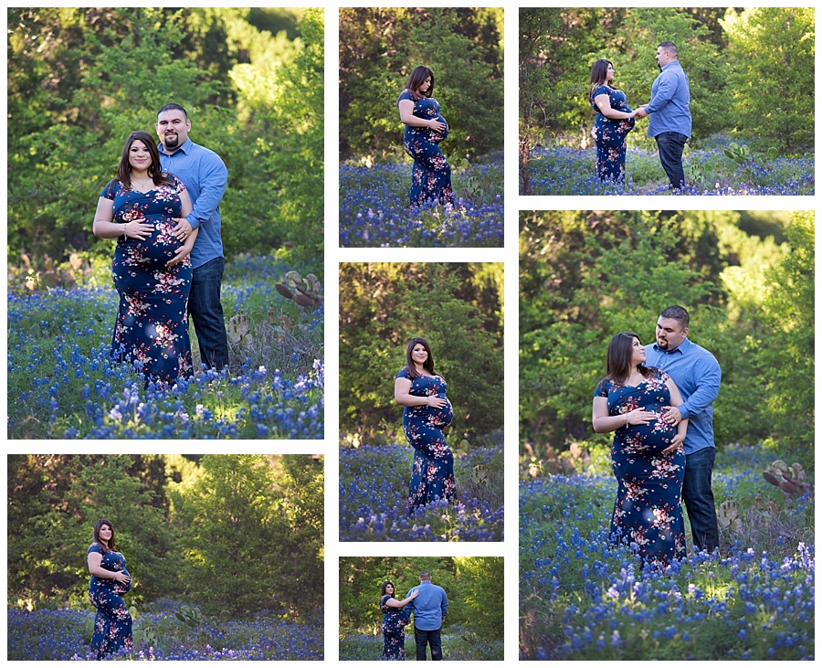 Photo collection featuring a man in a blue button-up shirt and jeans and a woman in a long, blue floral gown. They are standing in a field of Texas bluebonnets. 