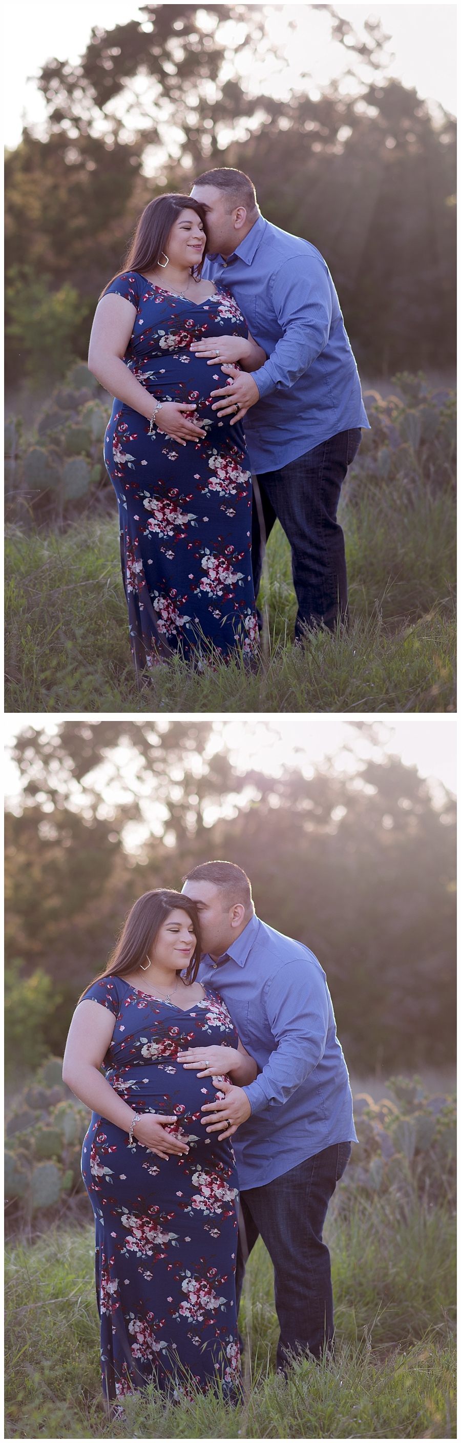 A man and a pregnant woman stand in the dappled sunlight in a field. They are both holding her baby bump, and he kisses her on the cheek.