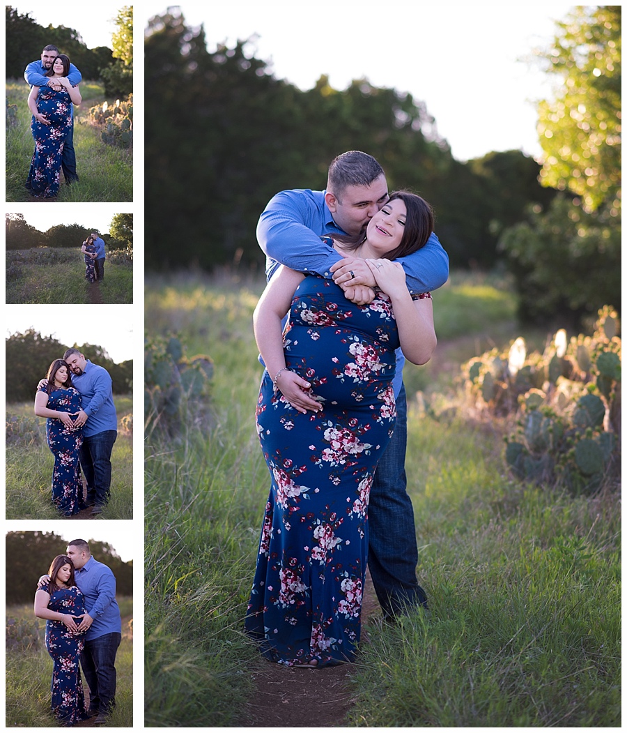 A set of four photos featuring a man and a woman standing in a field surrounded by prickly pear cactus. The woman is wearing a long, blue maternity gown and holding her baby bump.