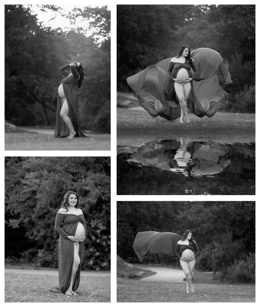 Black and white photos of a pregnant woman wearing a flowing maternity gown in Austin, Texas.