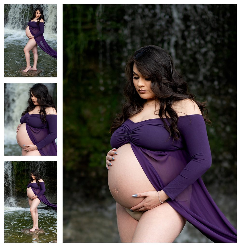 A pregnant woman wearing a purple flowing maternity dress for an artistic photoshoot in Austin, Texas.