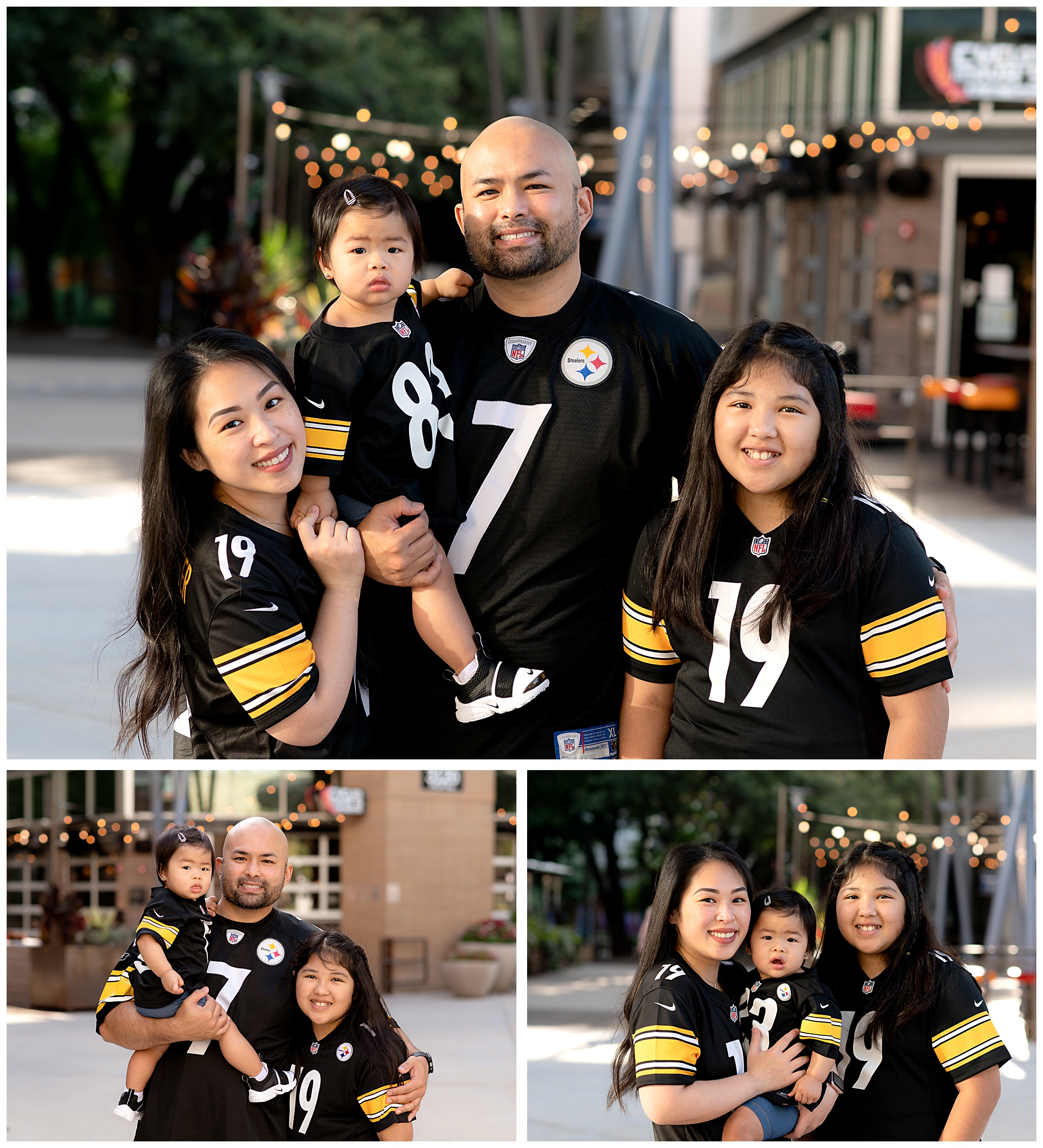 Family photo of Steeler's fans at the Domain in Austin, TX