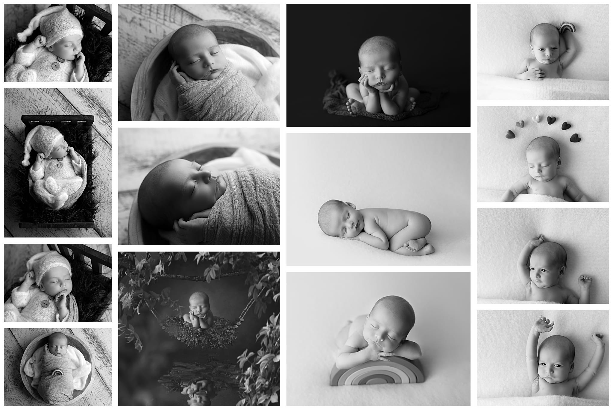 collage of black and white newborn photos by hello photography