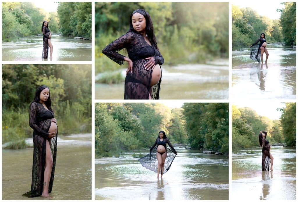 Pregnant woman in a black lace dress during maternity photoshoot