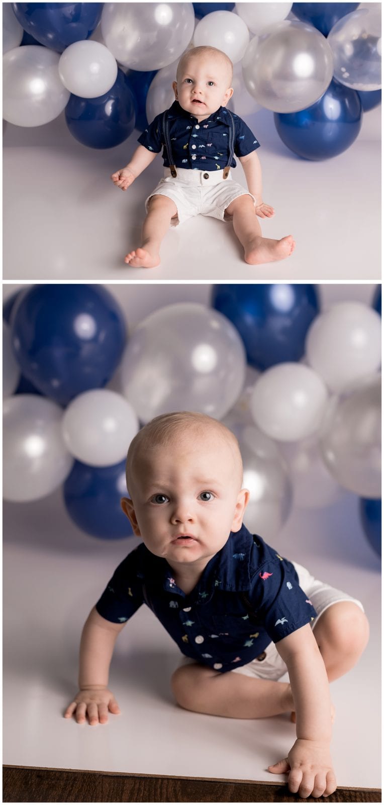 Blue/white/silver cake smash session by Hello Photography