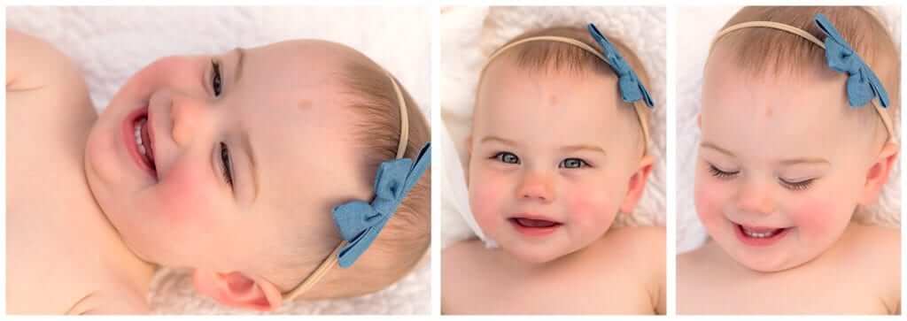 baby first birthday blue hair bow face photos