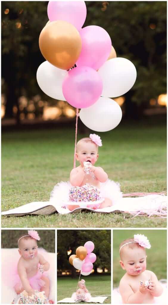 First birthday photos Austin with golden hour lighting and colorful balloons outdoor session