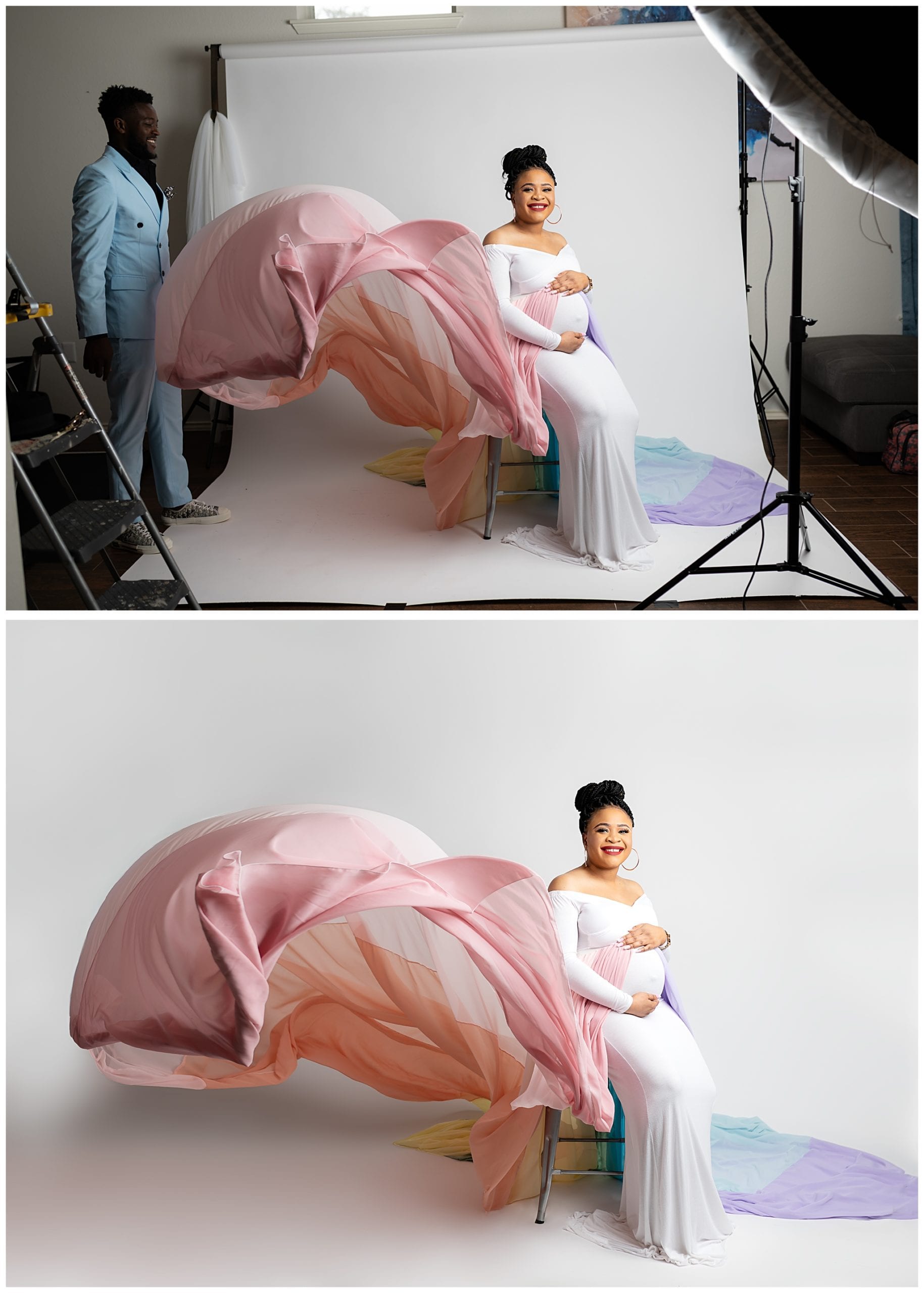 before and after photo of a woman sitting holding her pregnant belly with a dress flying around her.