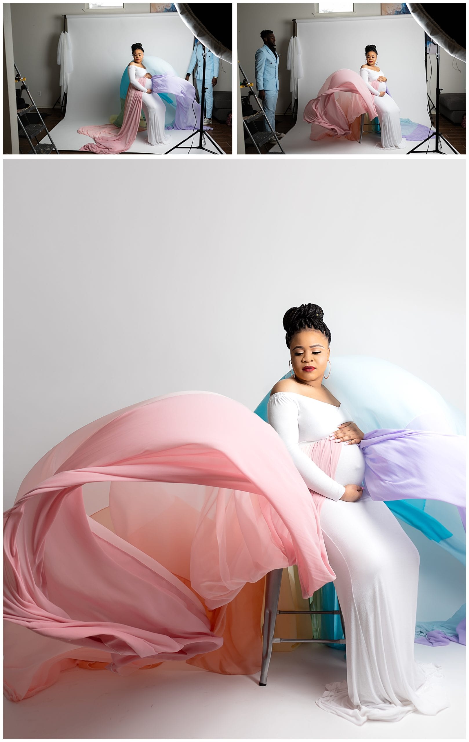 Before/after collage of a rainbow maternity dress with tossing effects.