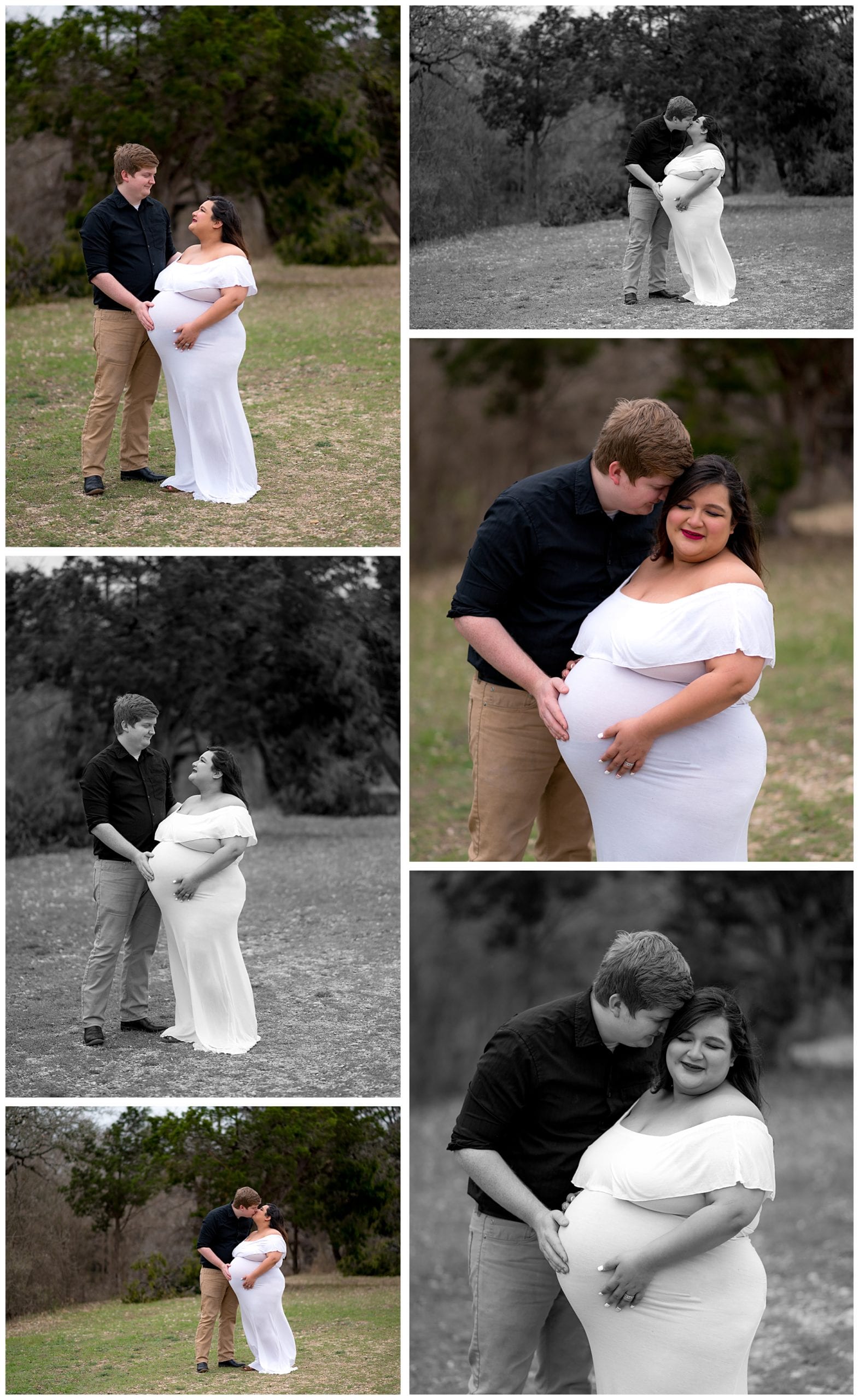 Maternity Photos of a couple and the woman is in a white maternity dress
