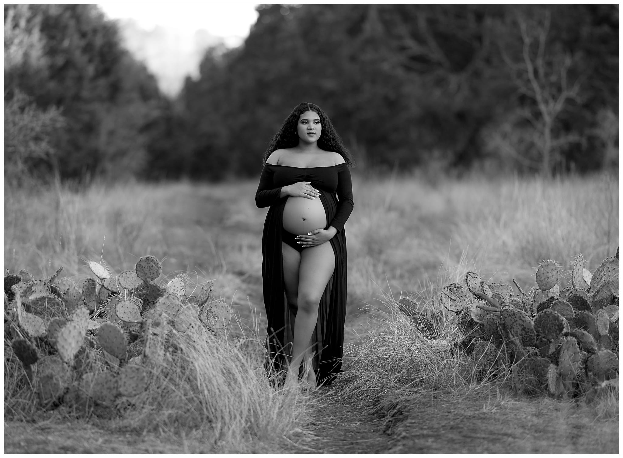 black and white maternity photo with a black dress.