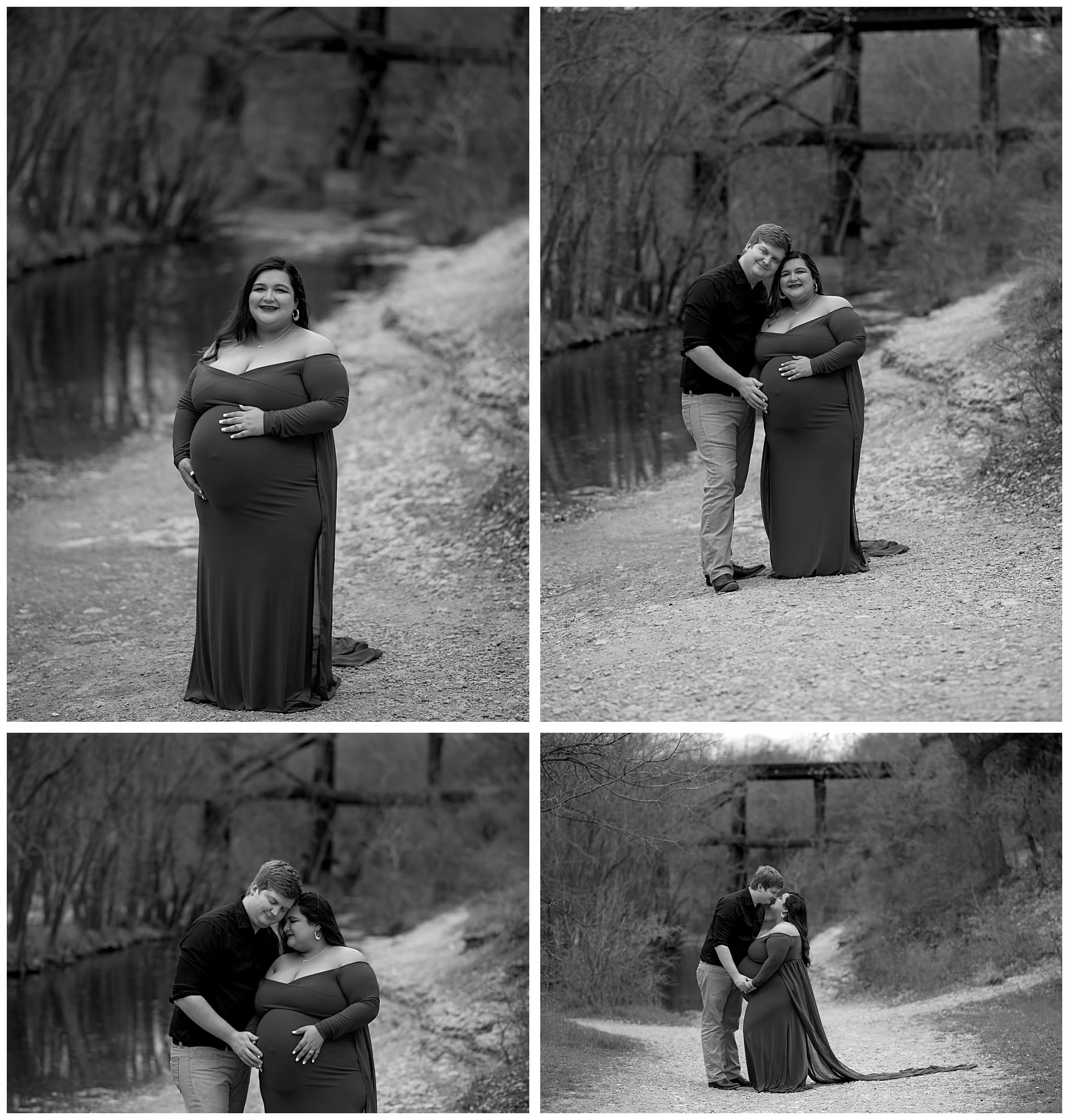 black and white maternity photos by a creek