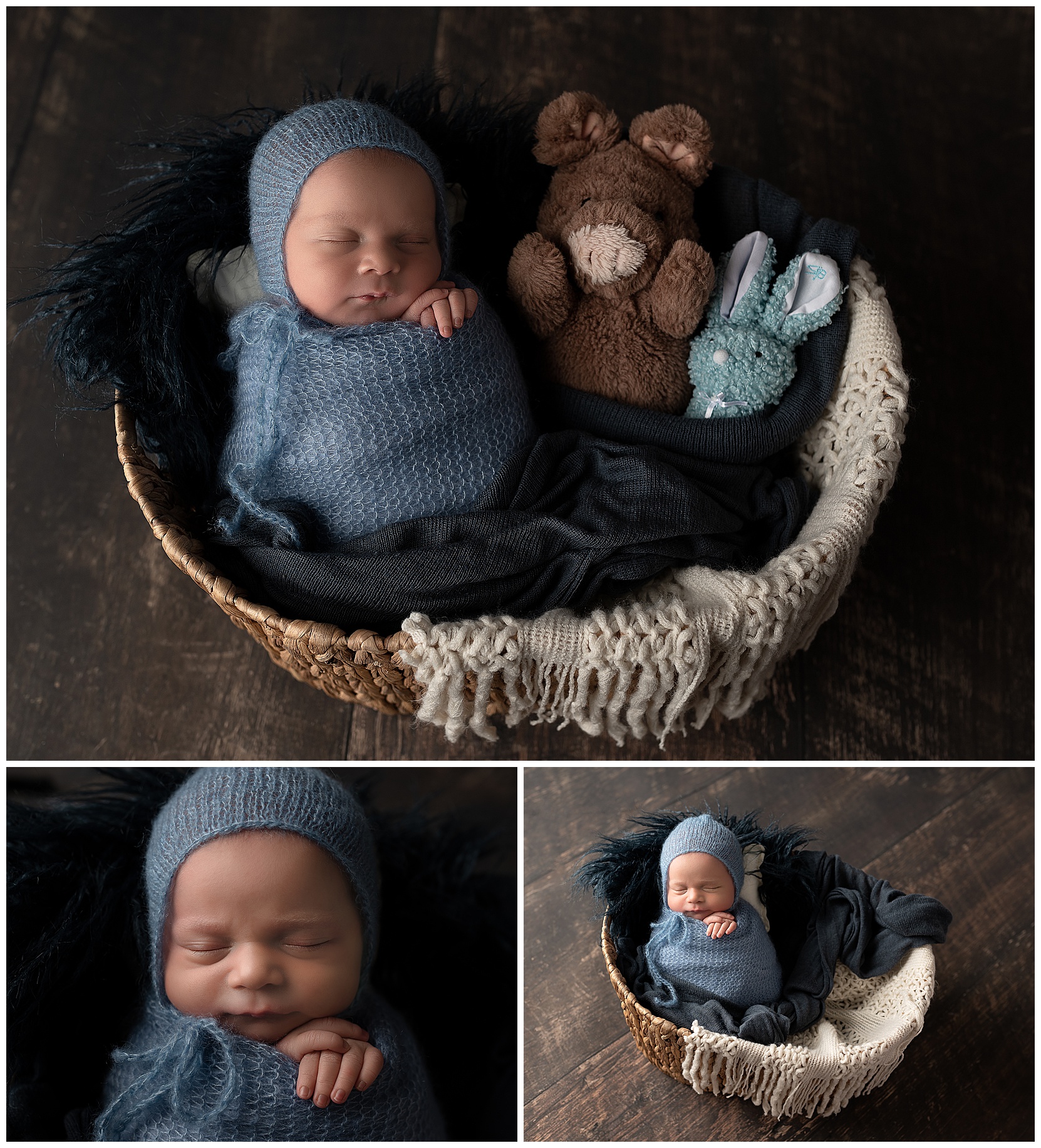baby wrapped in blue in a basket
