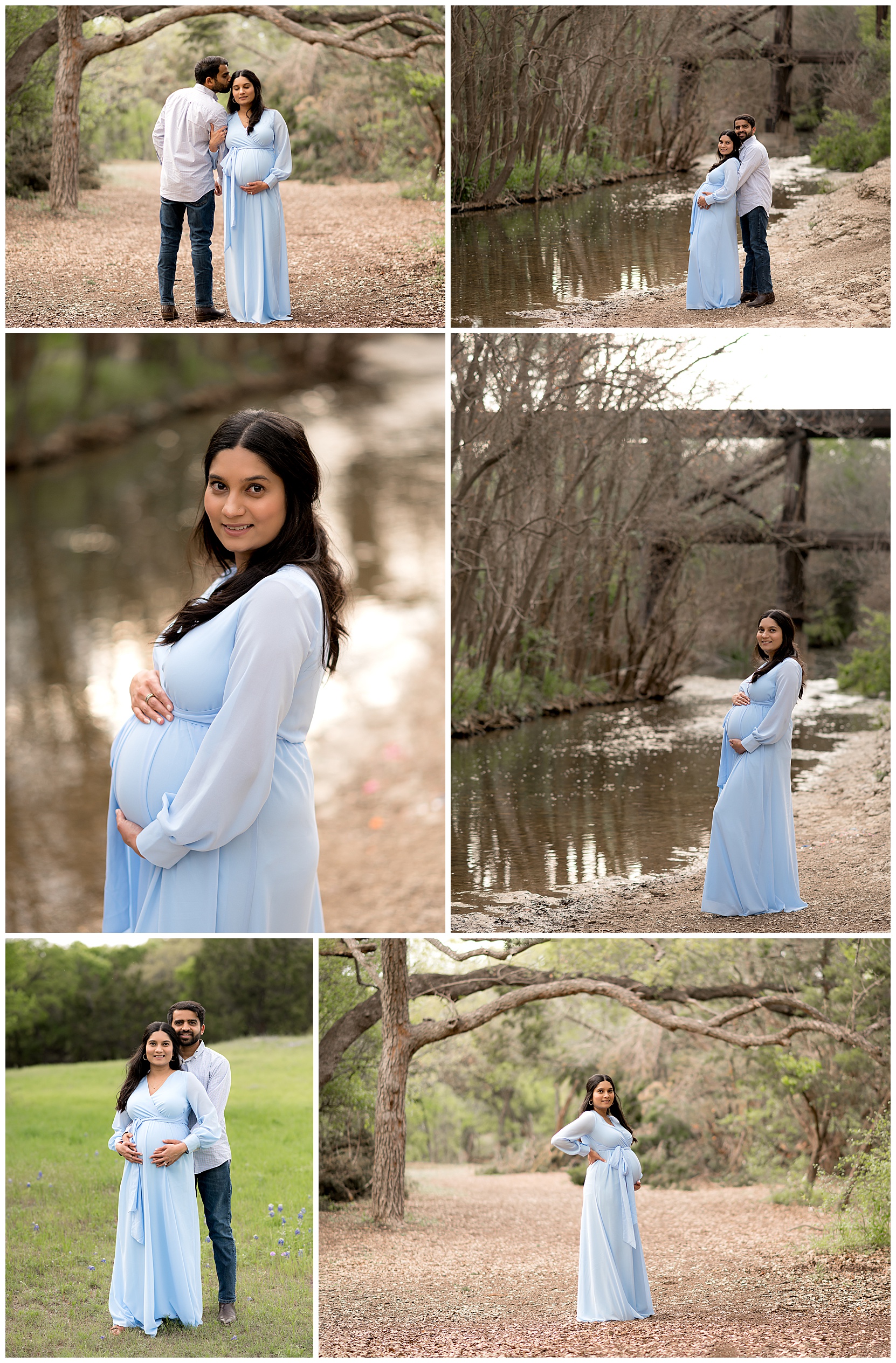 pregnant woman wearing a blue dress for maternity pictures