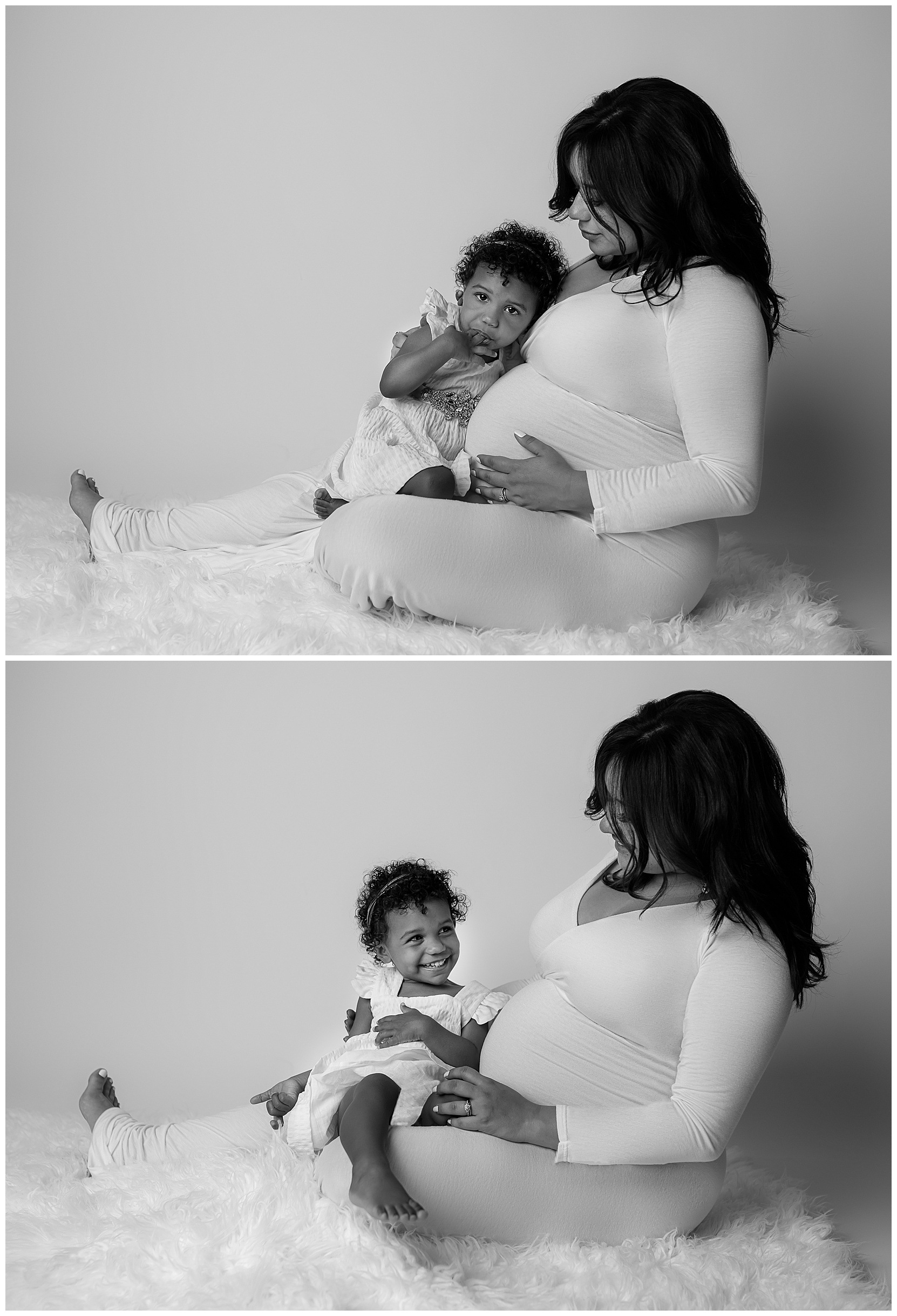 black and white maternity photo with parents and their child