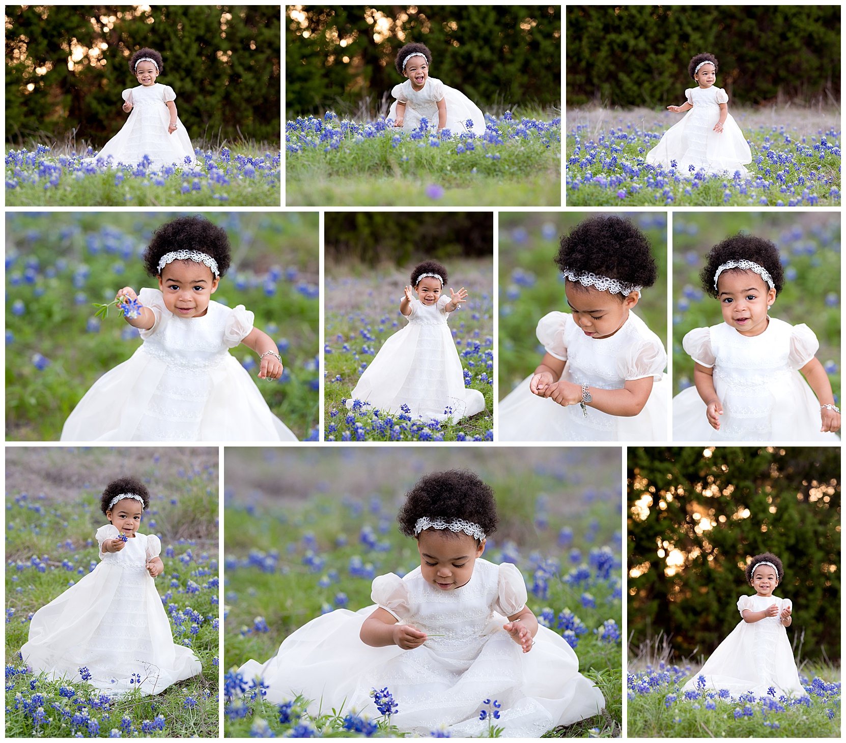 collage of baby wearing her baptism dress in the bluebonnets