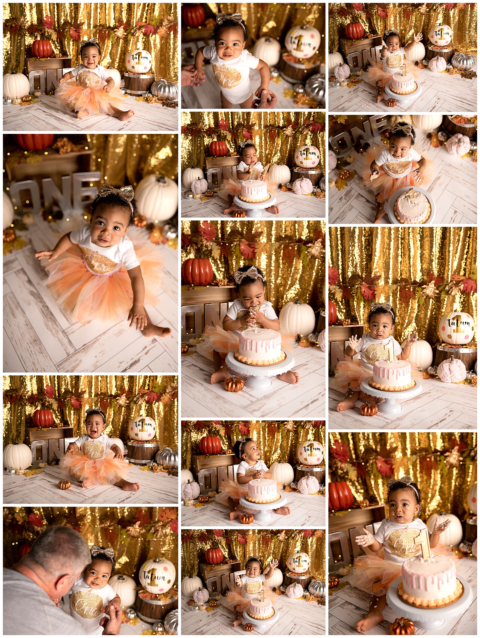 orange, pink, and gold first birthday fall themed photos