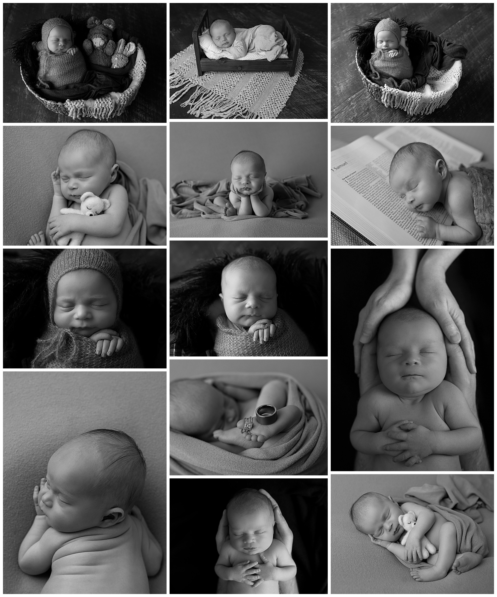 collage of naked newborn posed photos in black and white
