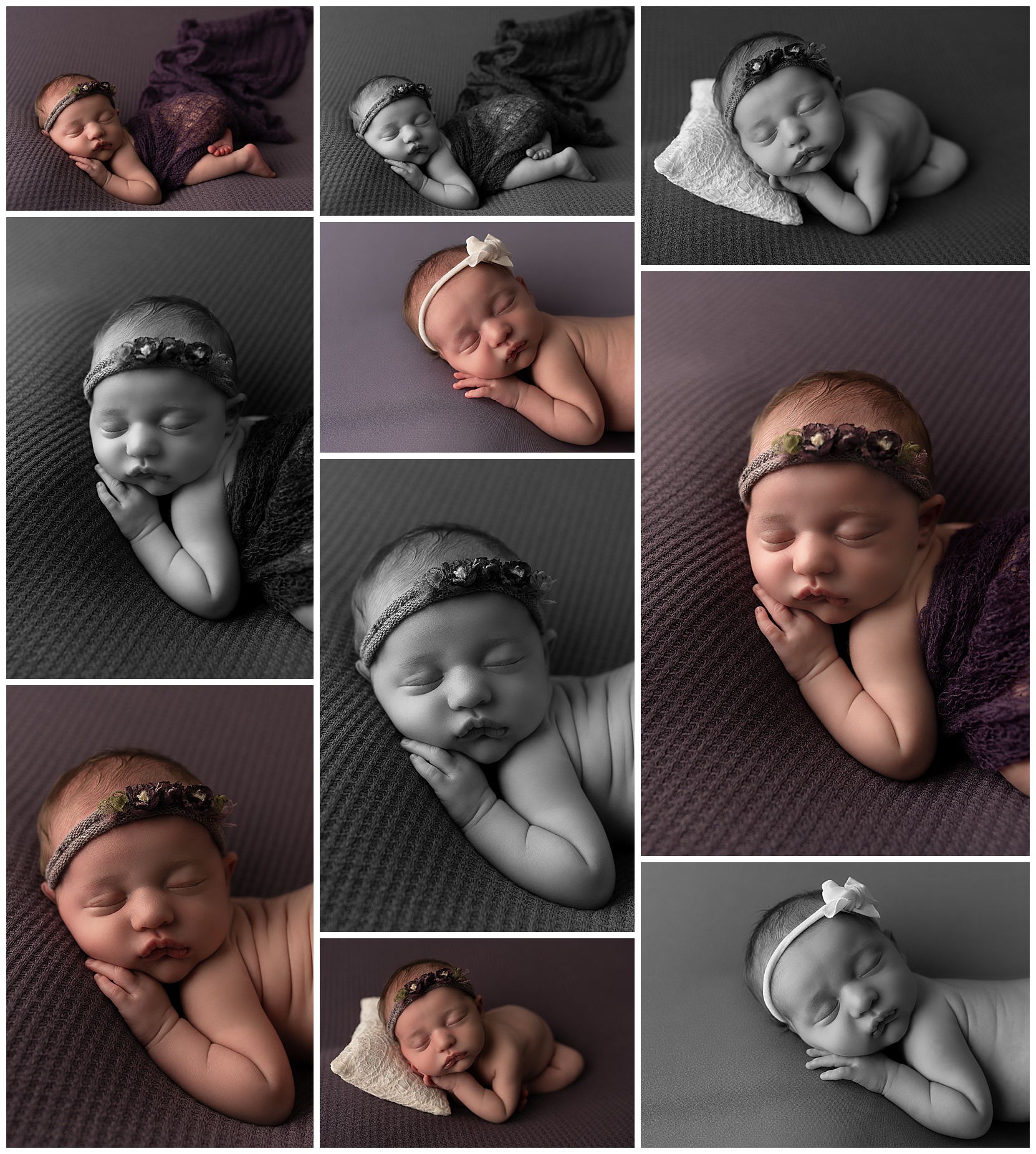 A collage of ten posed newborn baby girl photos on a purple backdrop