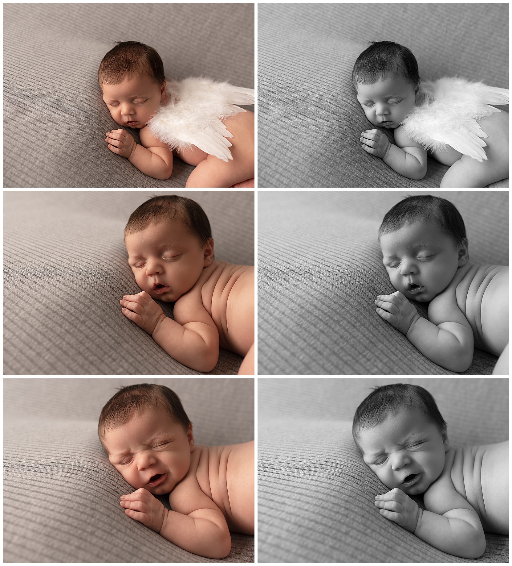 black and white collage of sleeping baby on his belly
