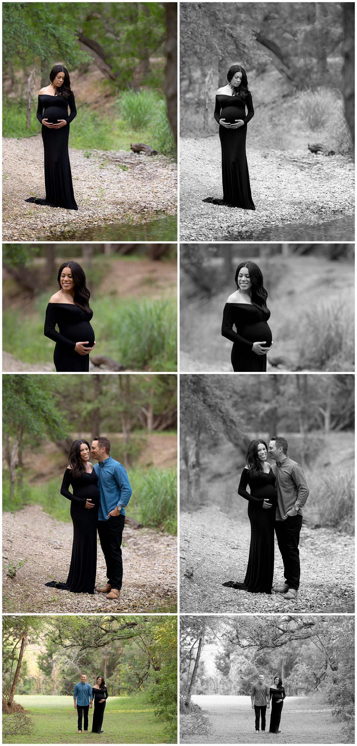 collage of photos of a couple by a creek