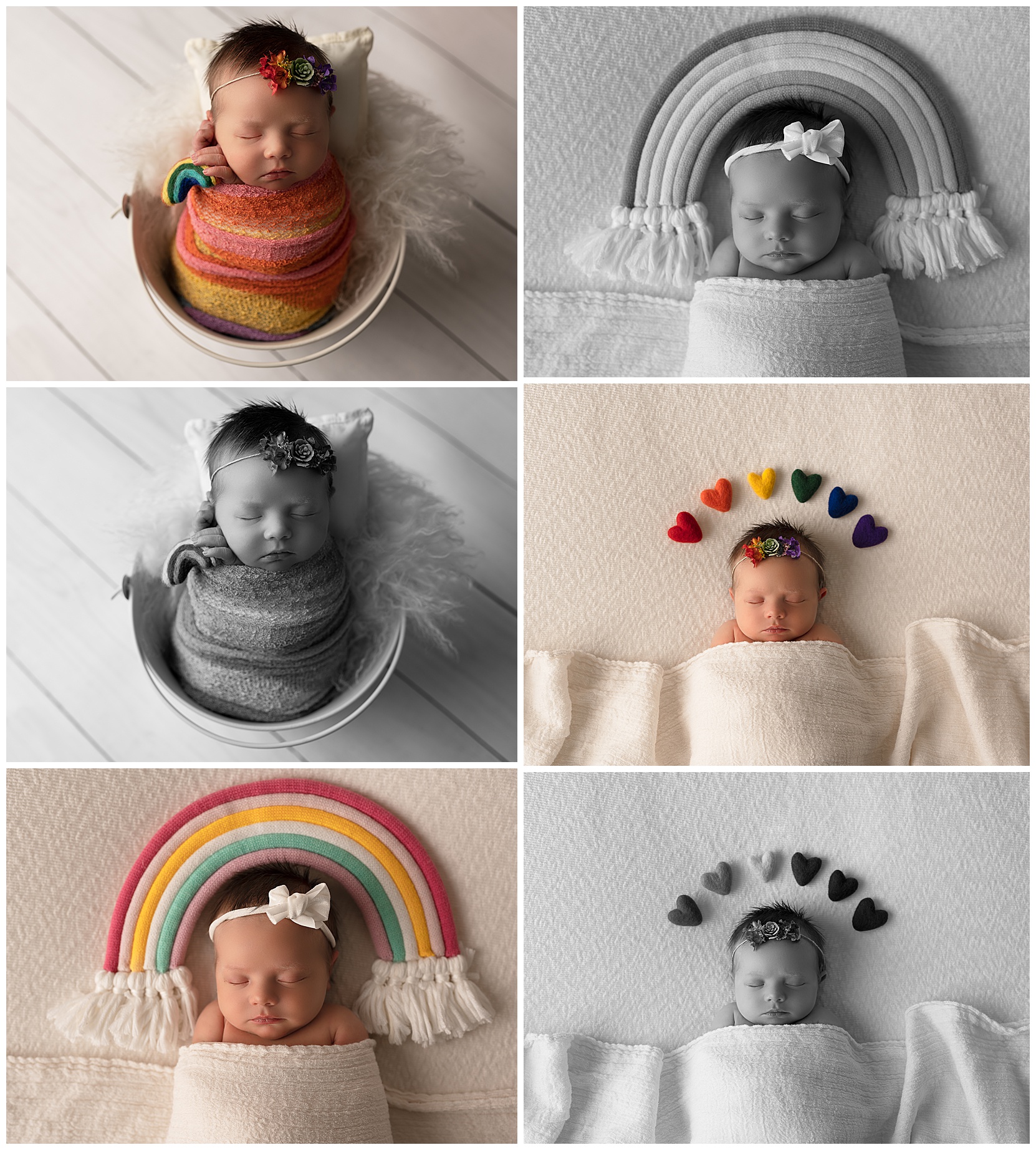 Various photos of a newborn baby in different rainbow themed setups
