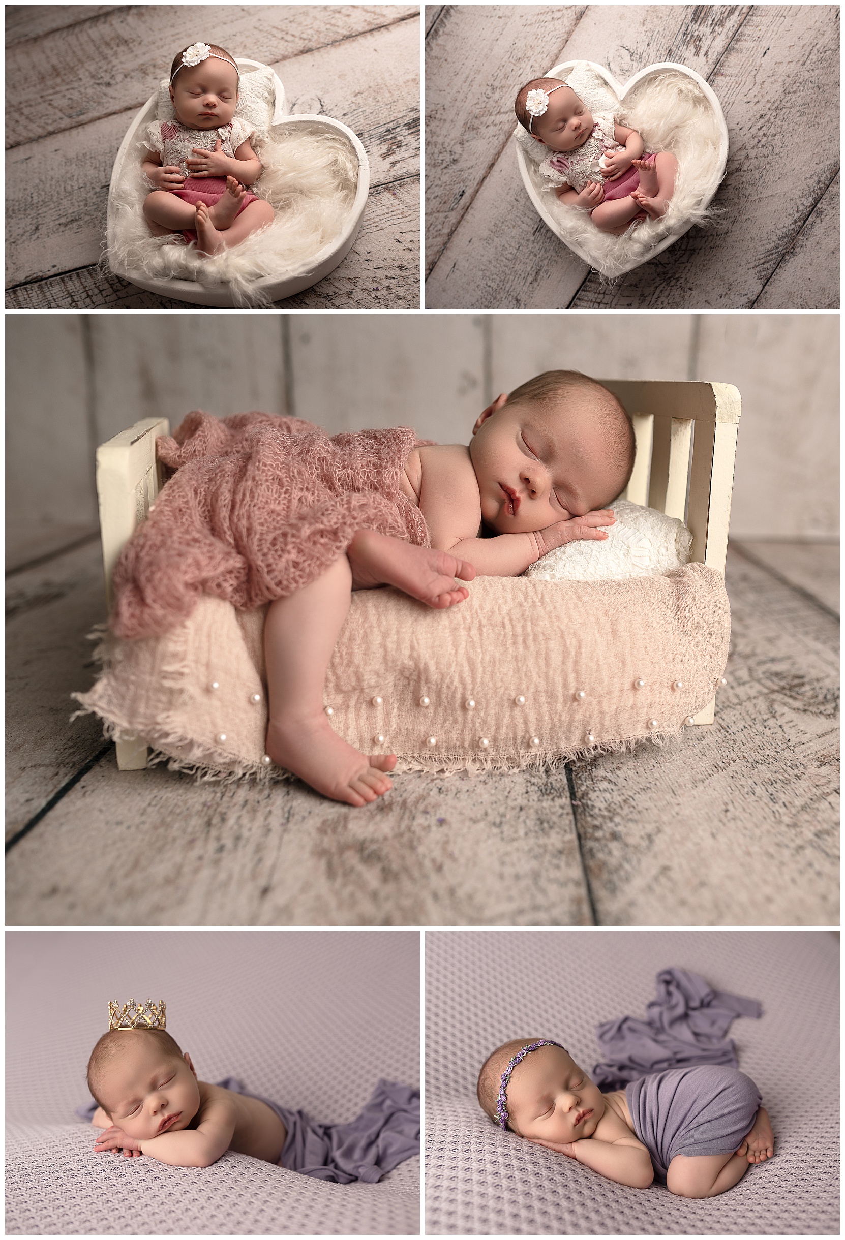 collage of sleeping baby with different props