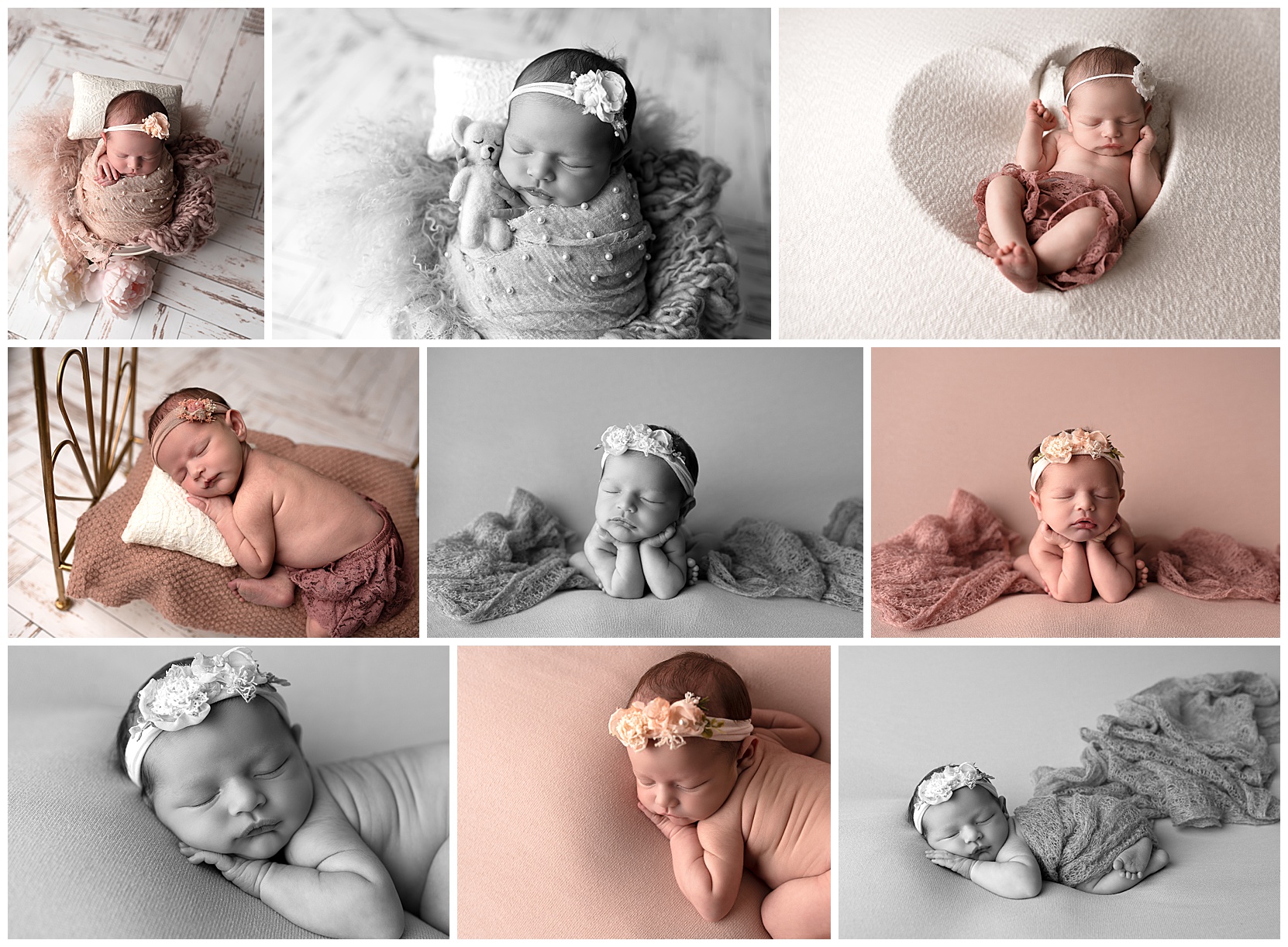 collage of a sleeping newborn baby