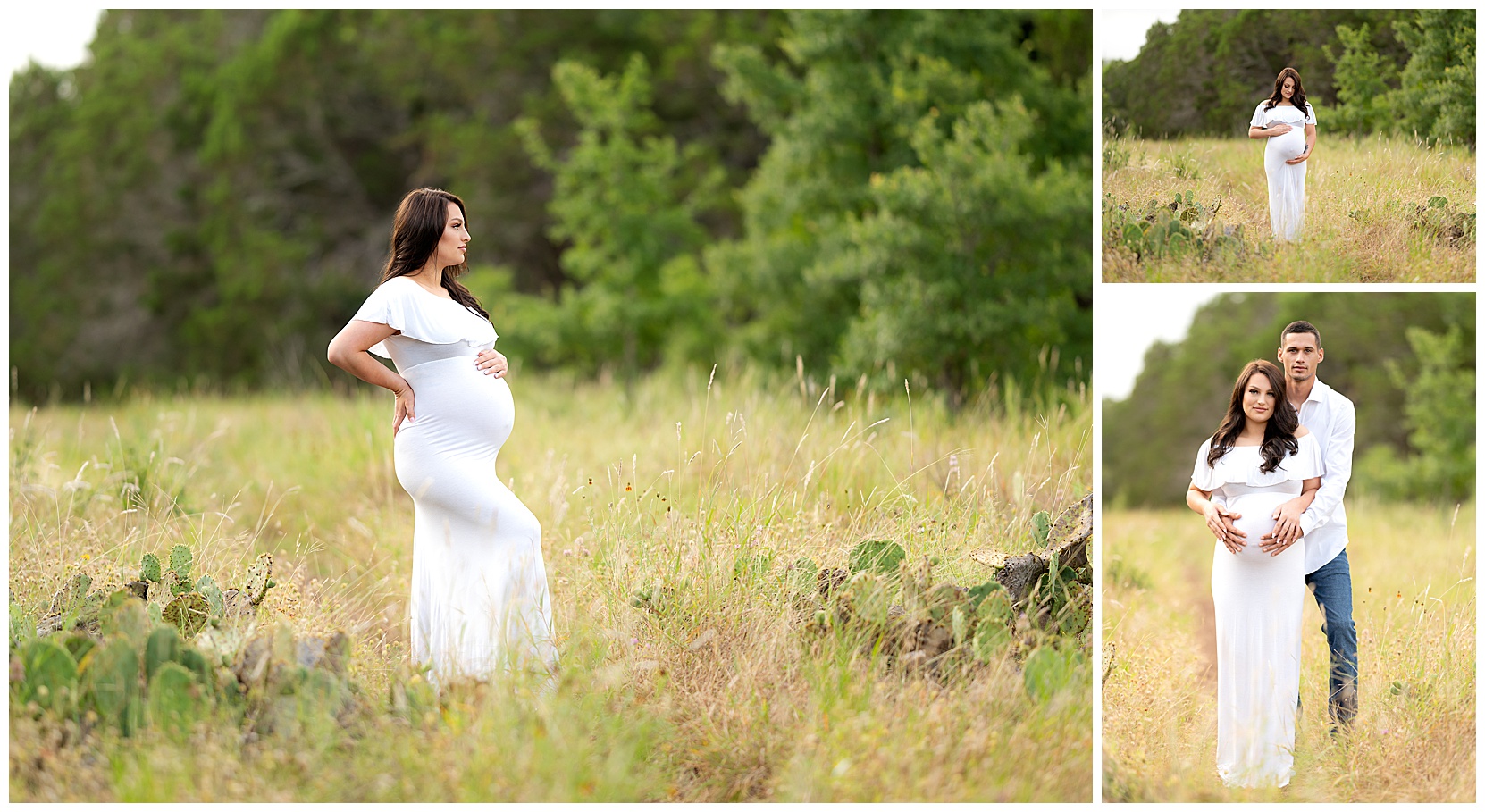 maternity photos in a field with a white dress
