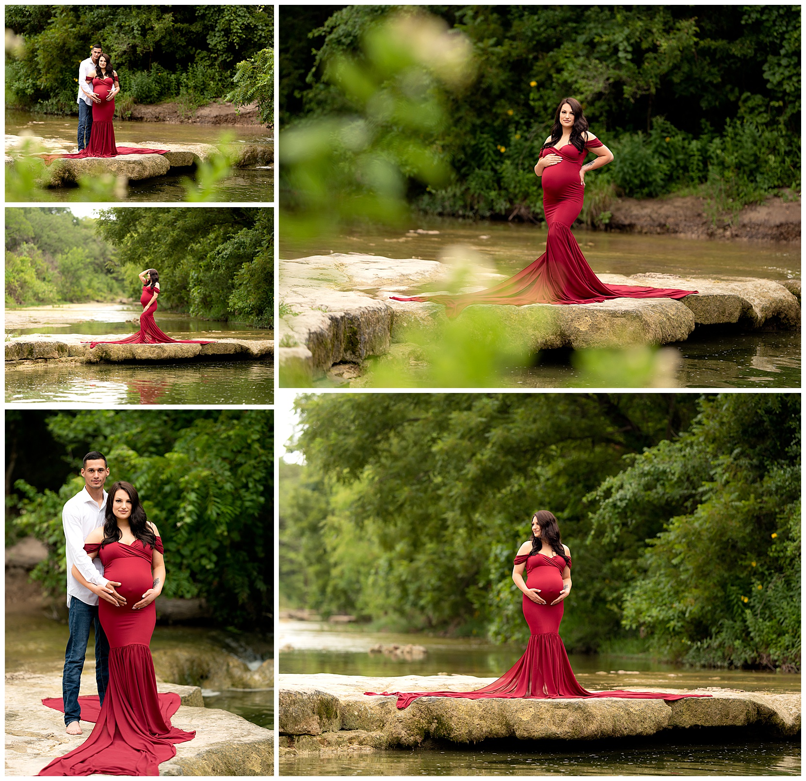 maternity photos at the creek with a red mermaid dress