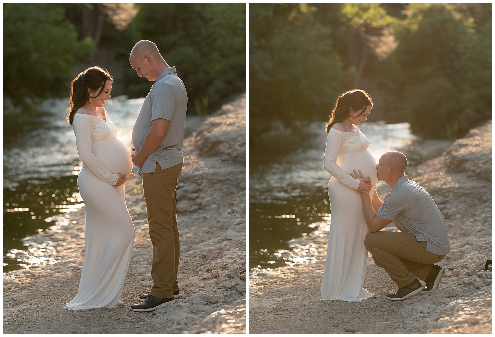 maternity photos of mom and dad by the water kissing the belly