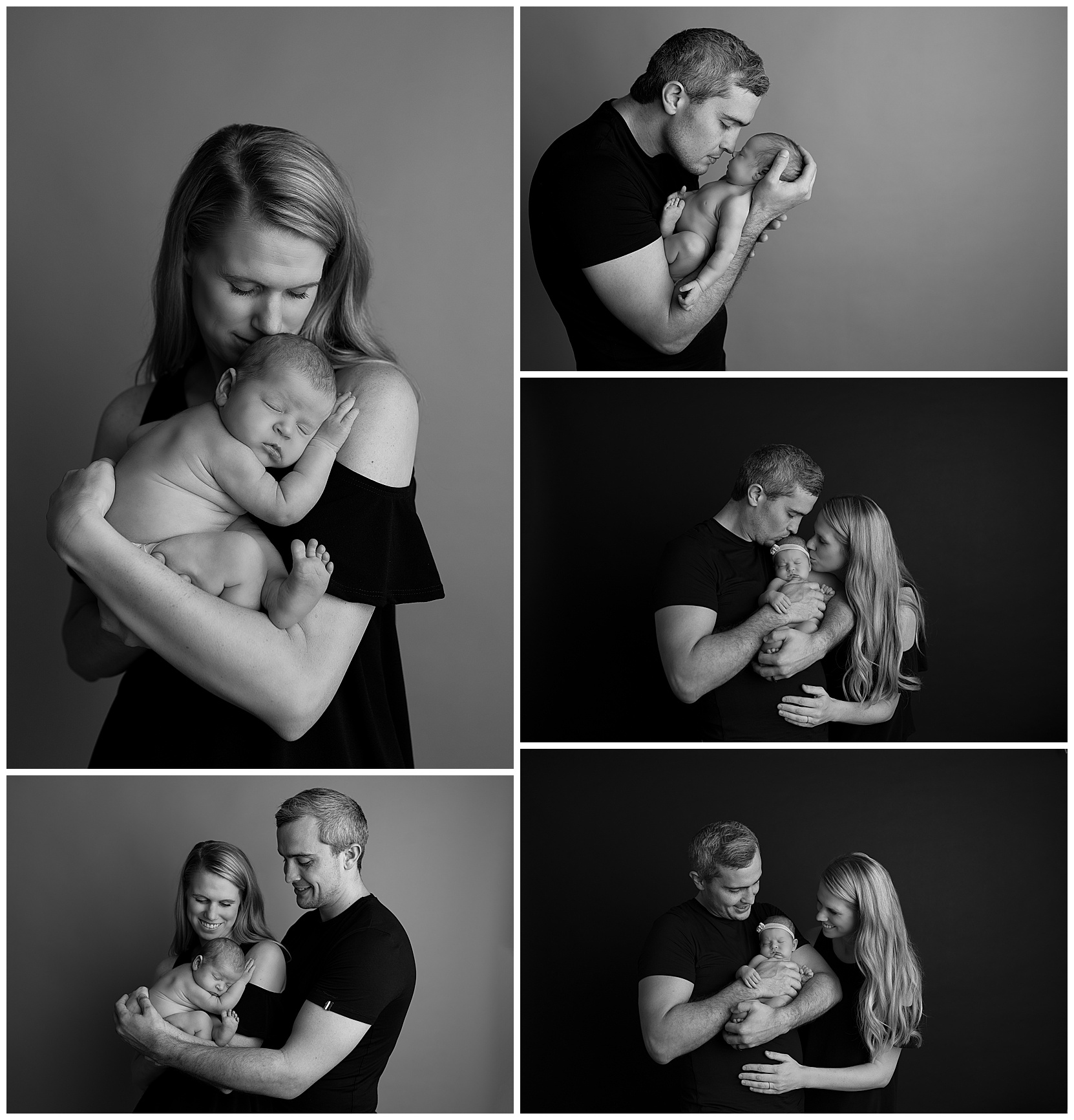 collage of black and white family photos with new baby