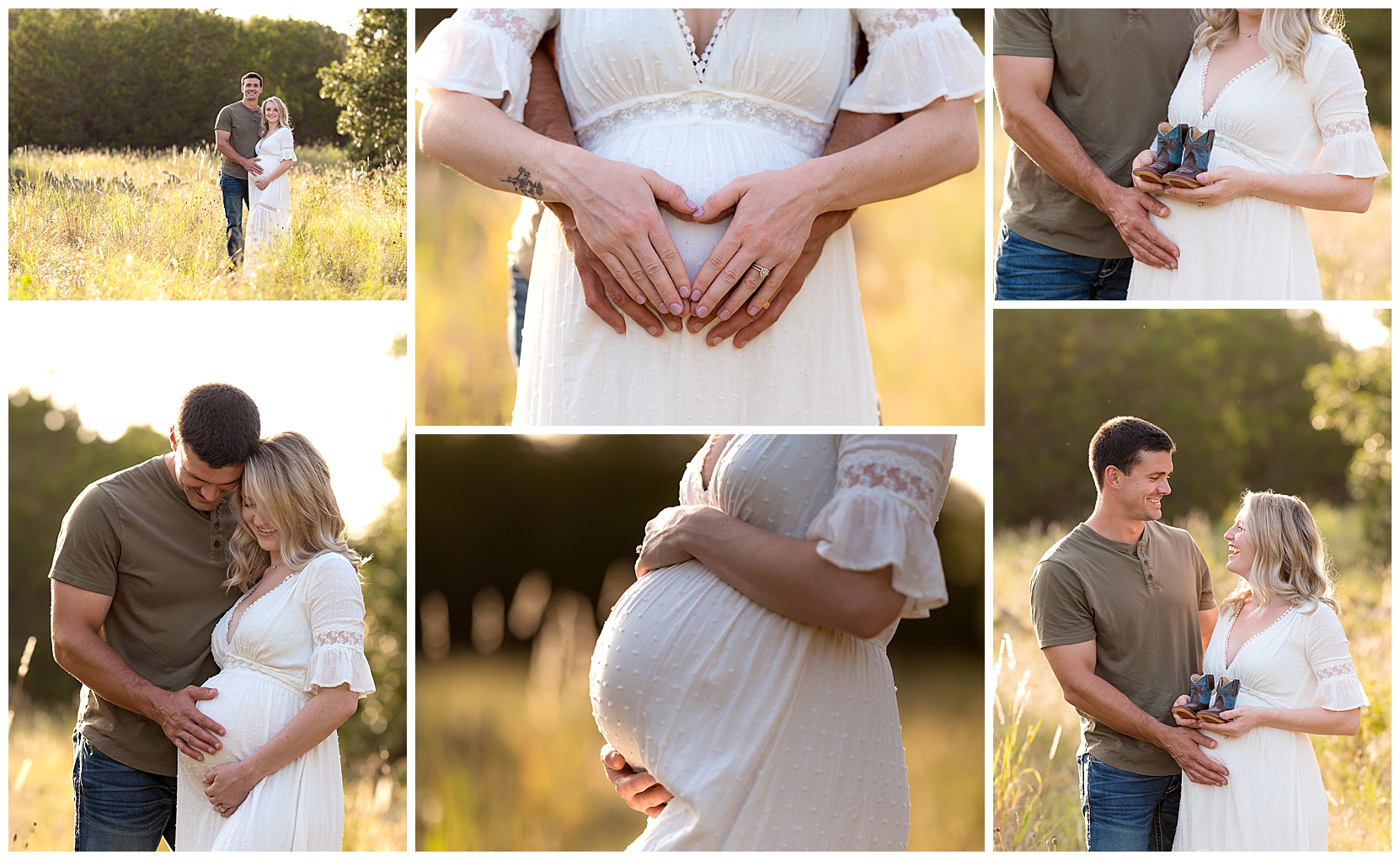 couples maternity photos in a sunny field