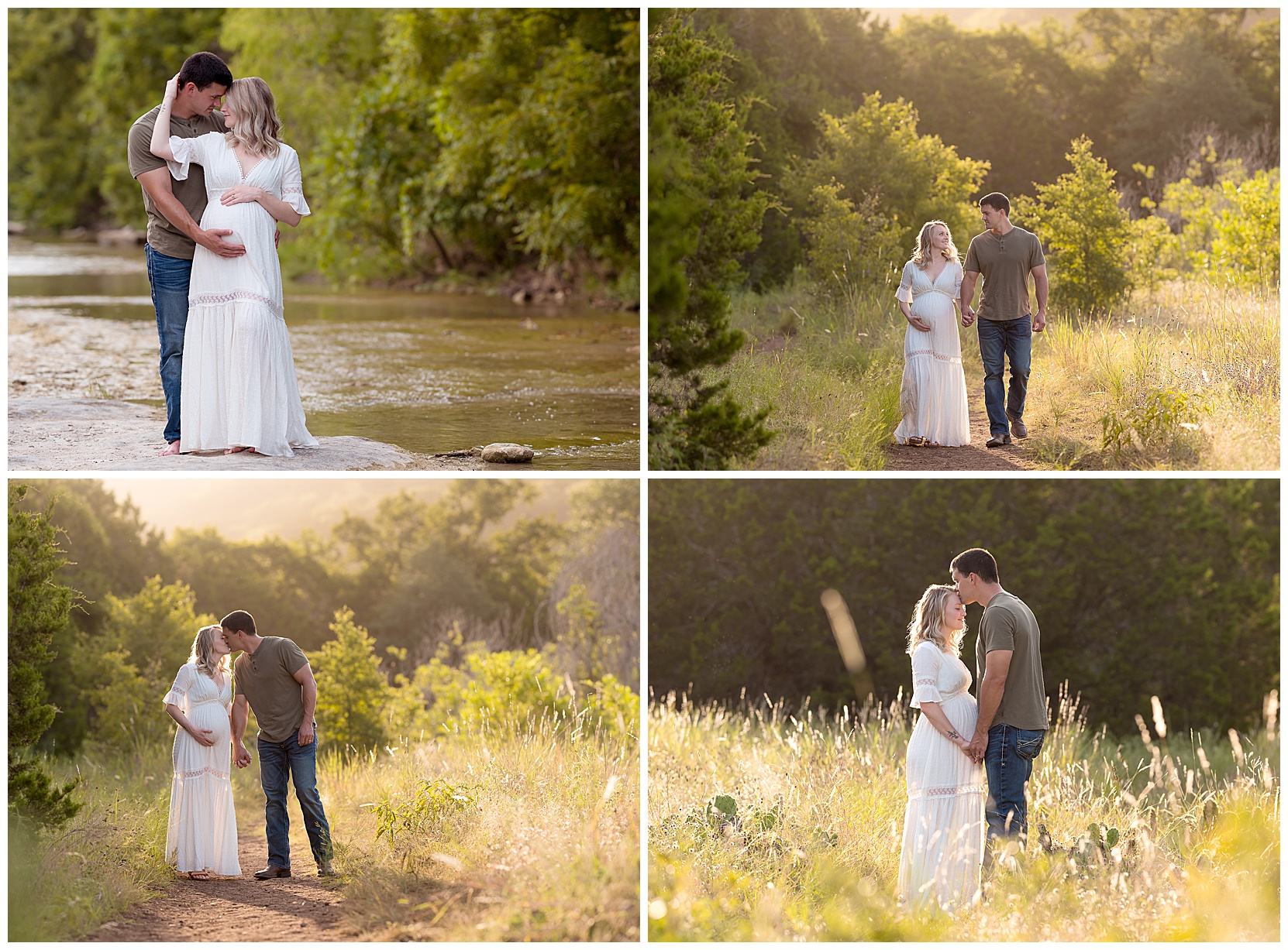 couples maternity photos with woman wearing white