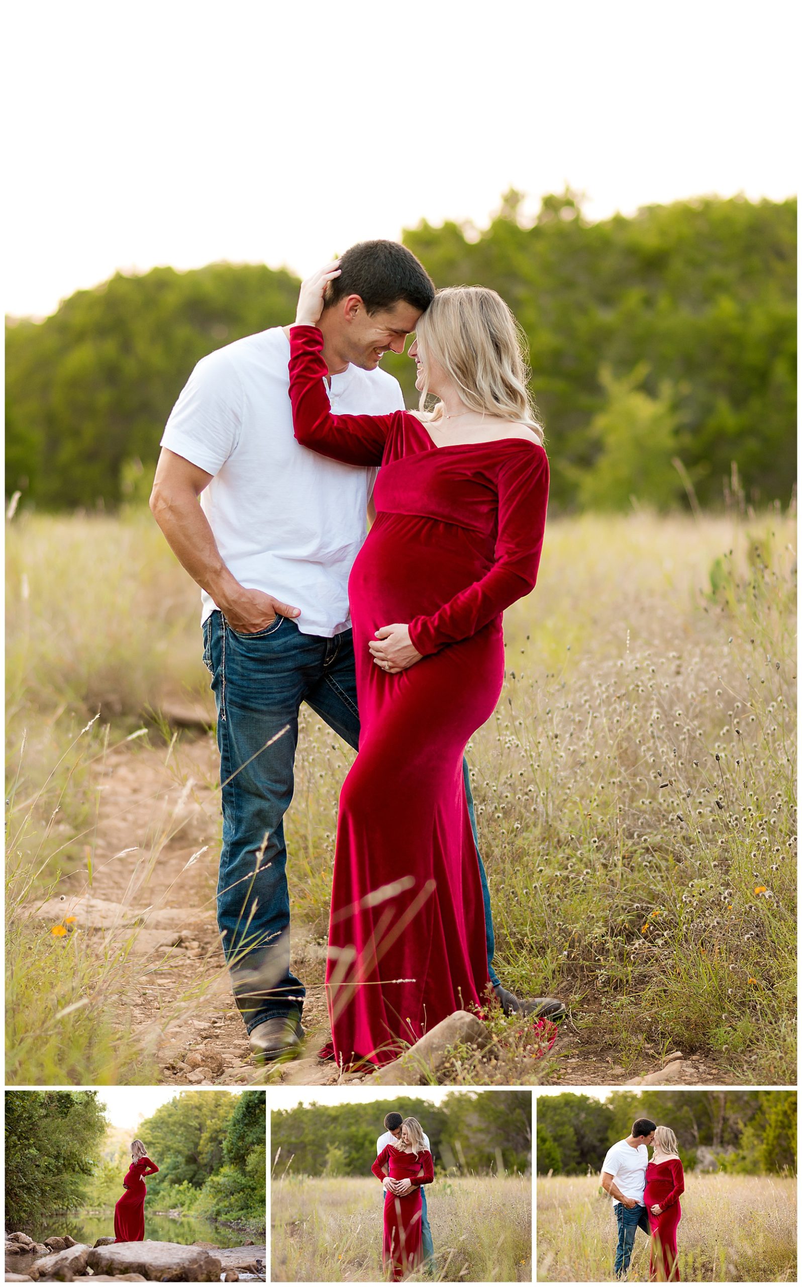 Maternity photo of a woman in a red velvet dress