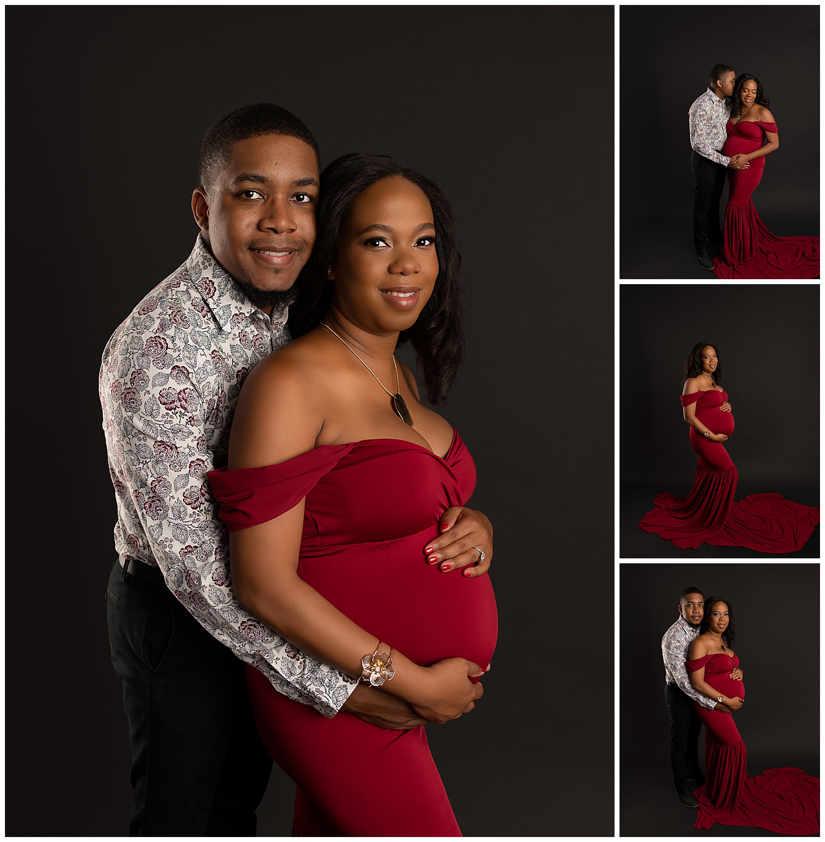 couples pregnancy photos with a red dress