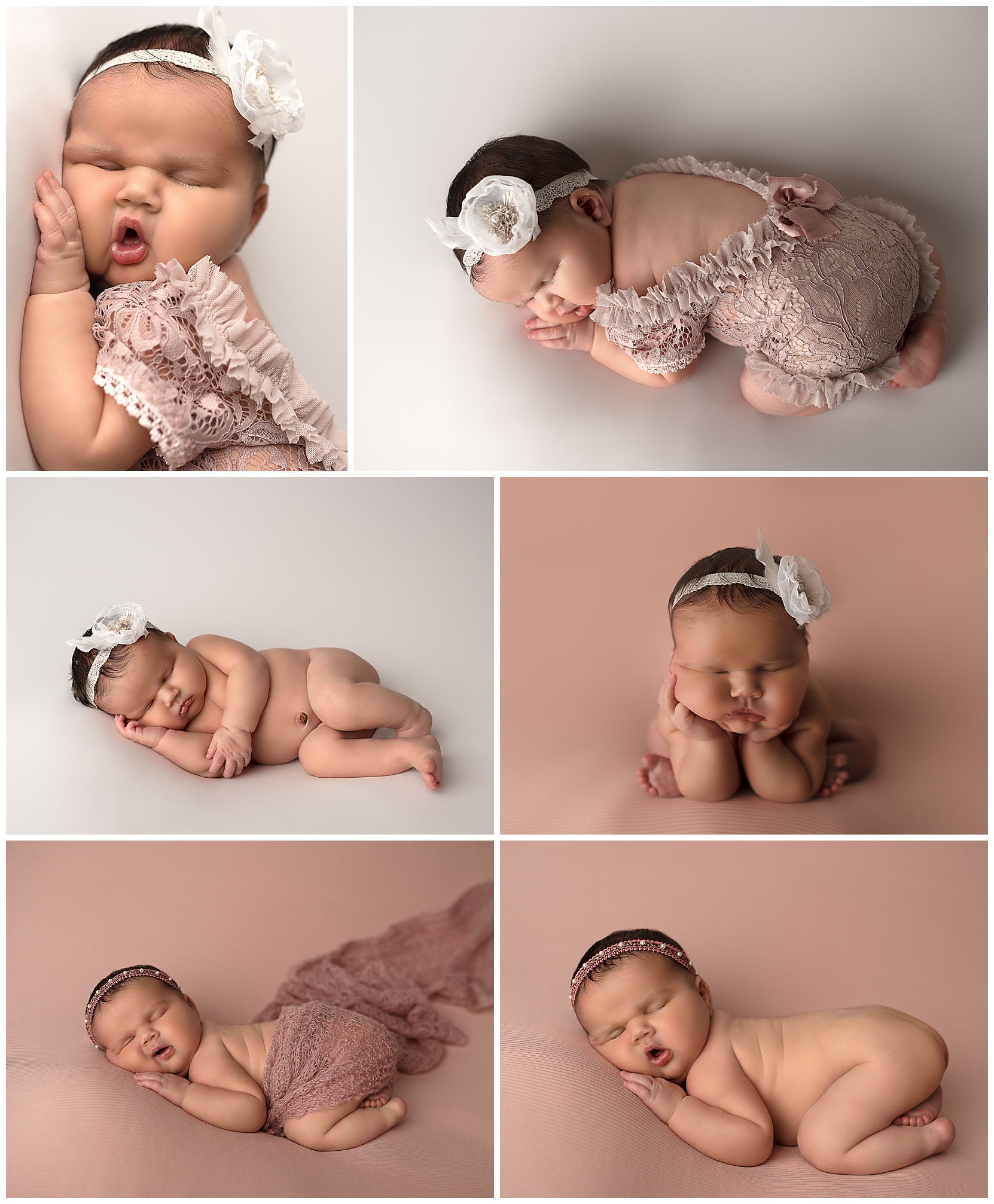 collage of images of a sleeping baby girl on pink blanket