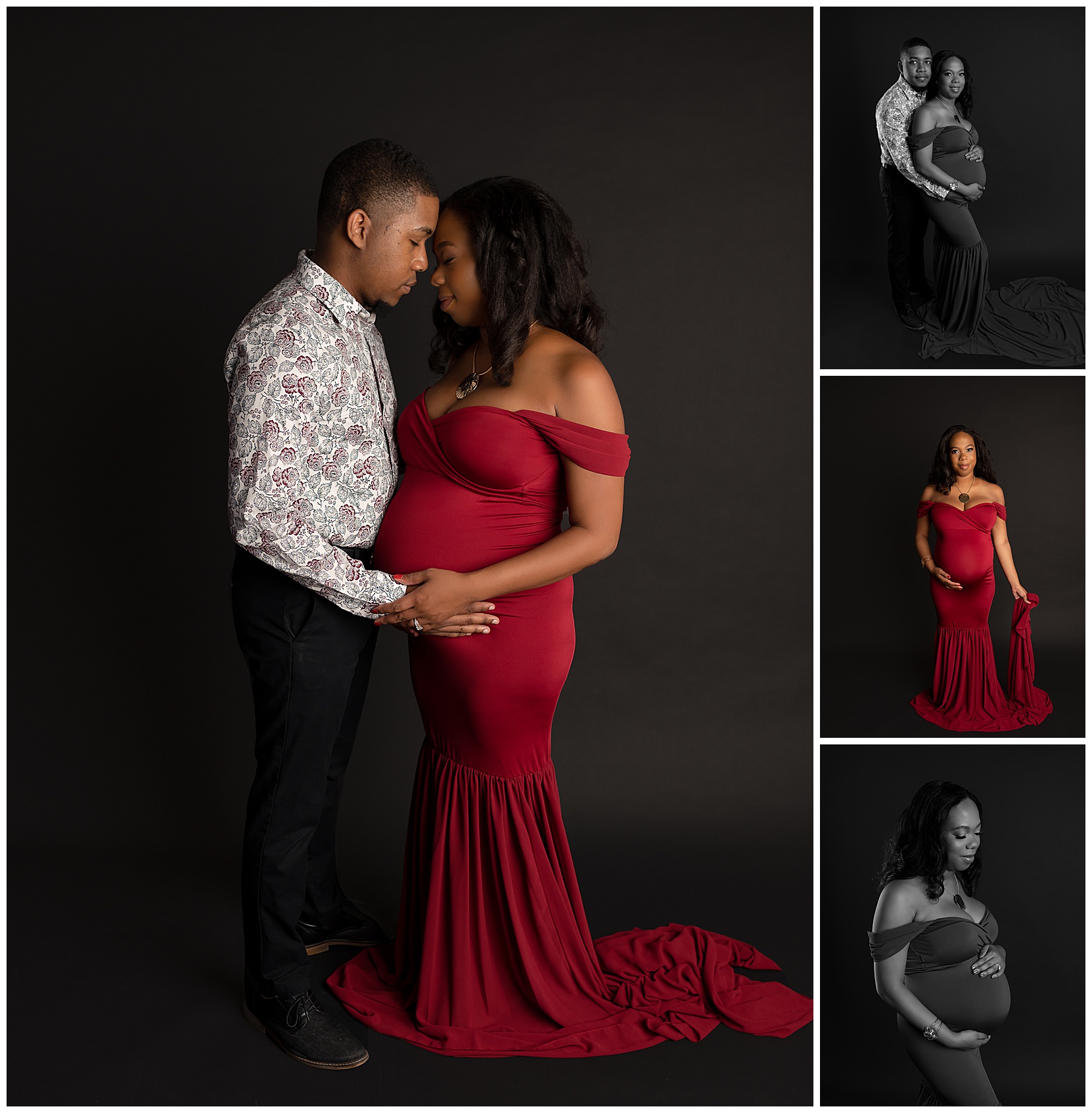collage of maternity photos of a mom wearing a red dress