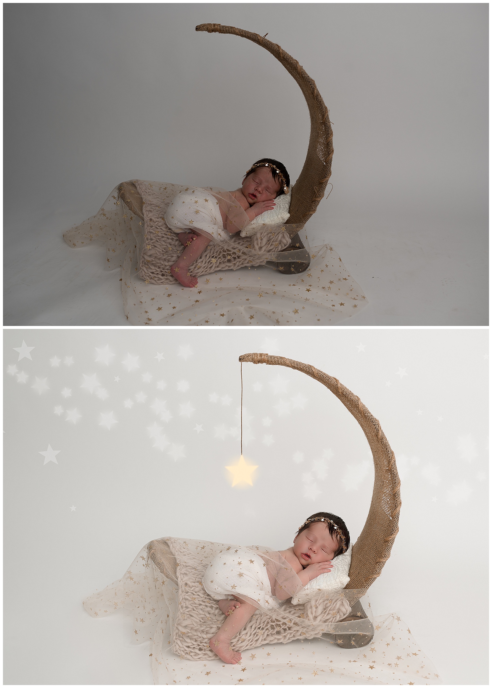 before and after photos of the moon prop composite for a baby girl