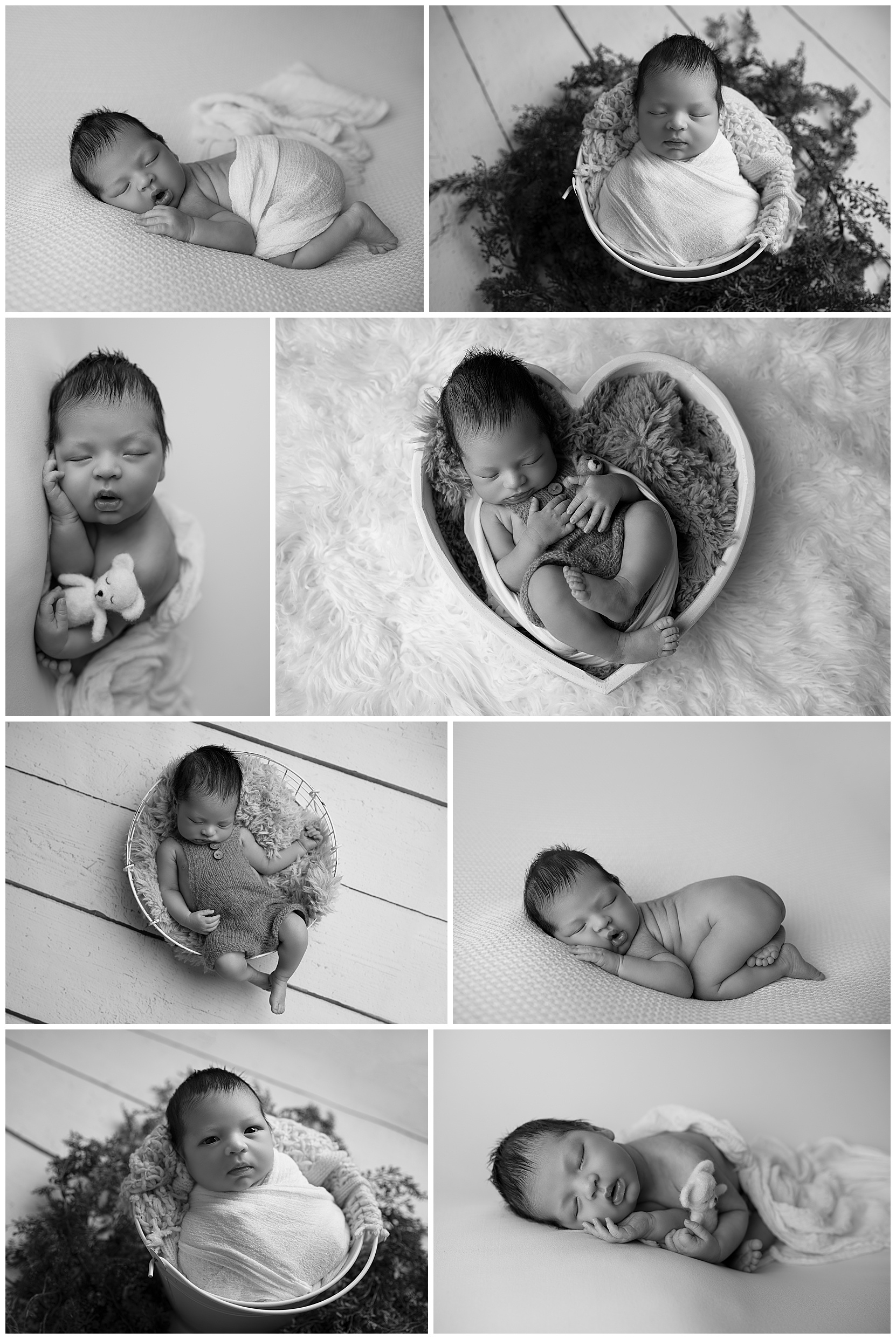 collage of photos of a sleeping baby boy in black/white pictures