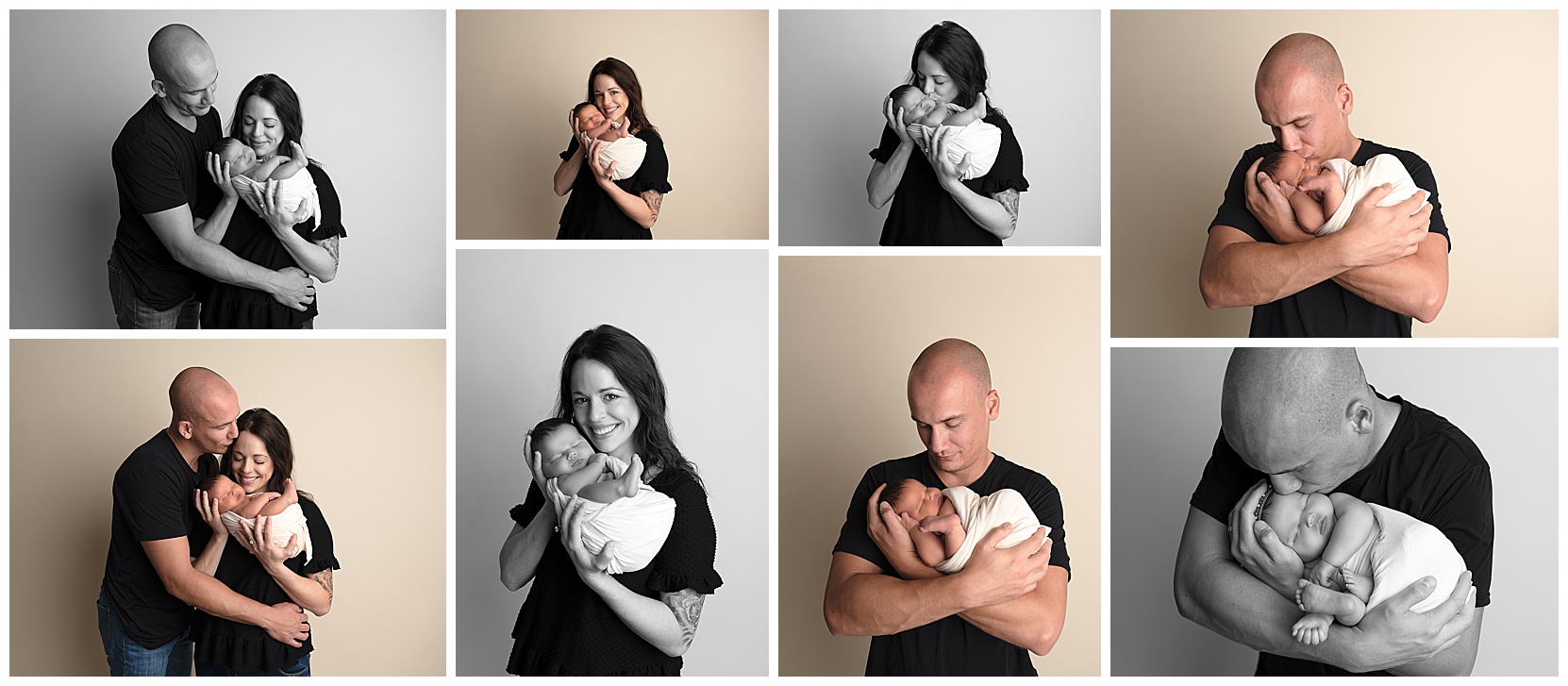 collage of parents holding their new baby in both color and black/white photos