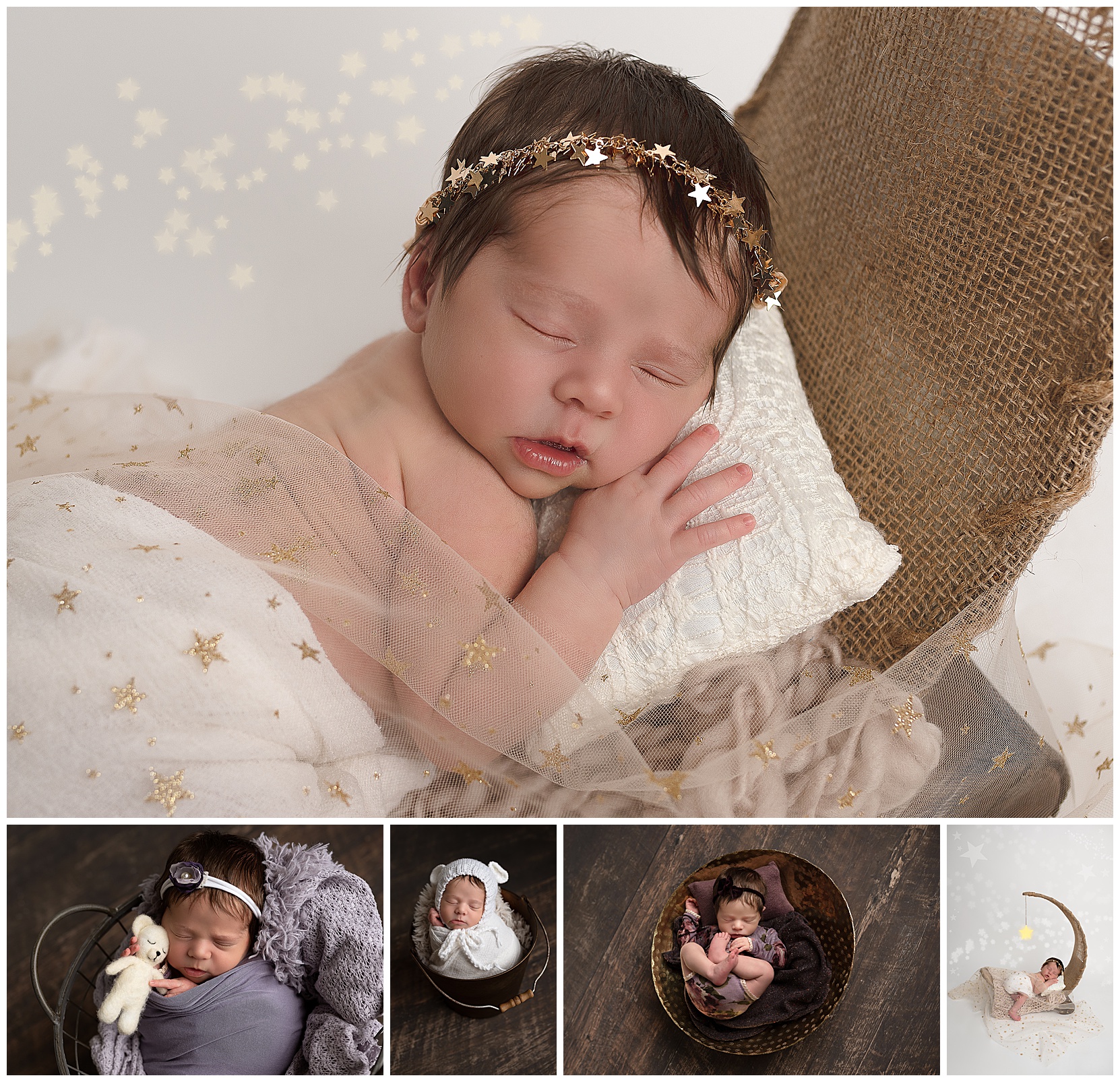 collage of a sleeping baby during her newborn photoshoot
