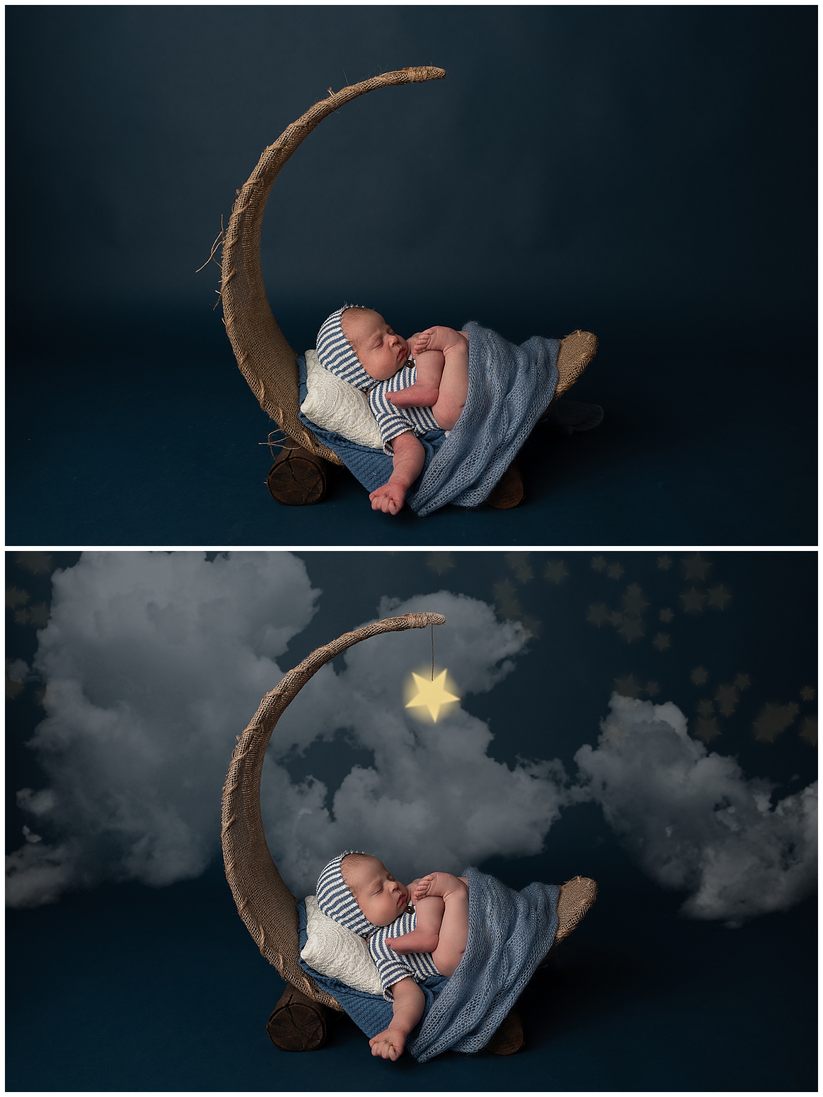 baby girl sleeping on a moon prop with clouds in the background