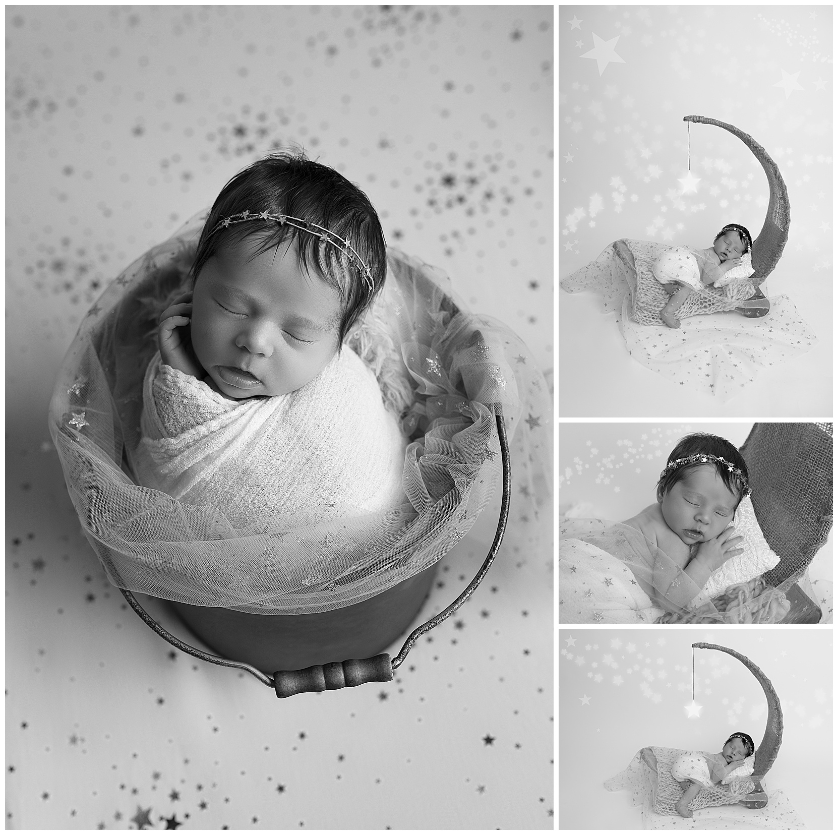 collage of black and white images of baby girl sleeping on a moon prop surrounded by stars