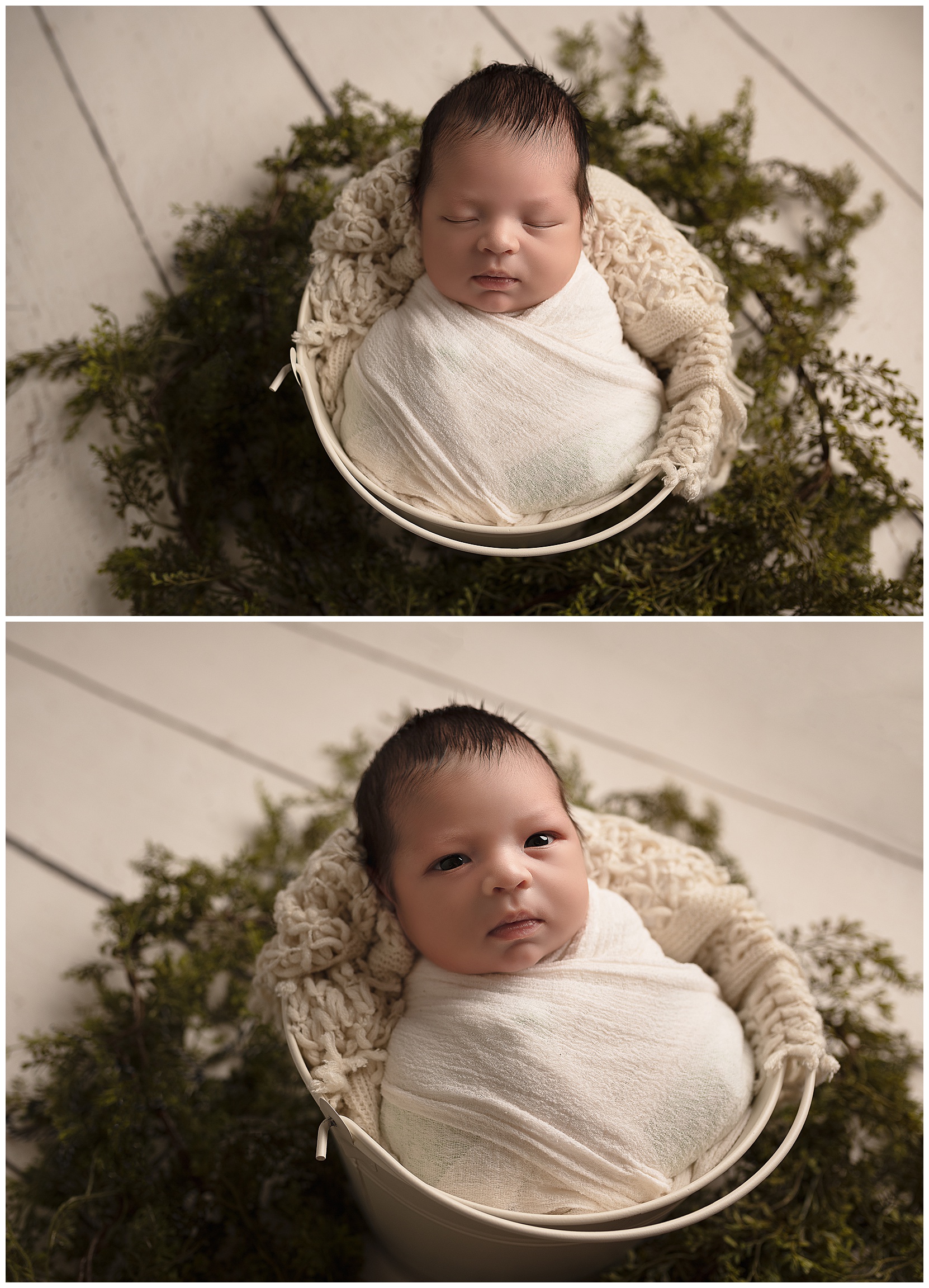 collage of a baby wrapped in a white blanket in a bucket surrounded by greenery
