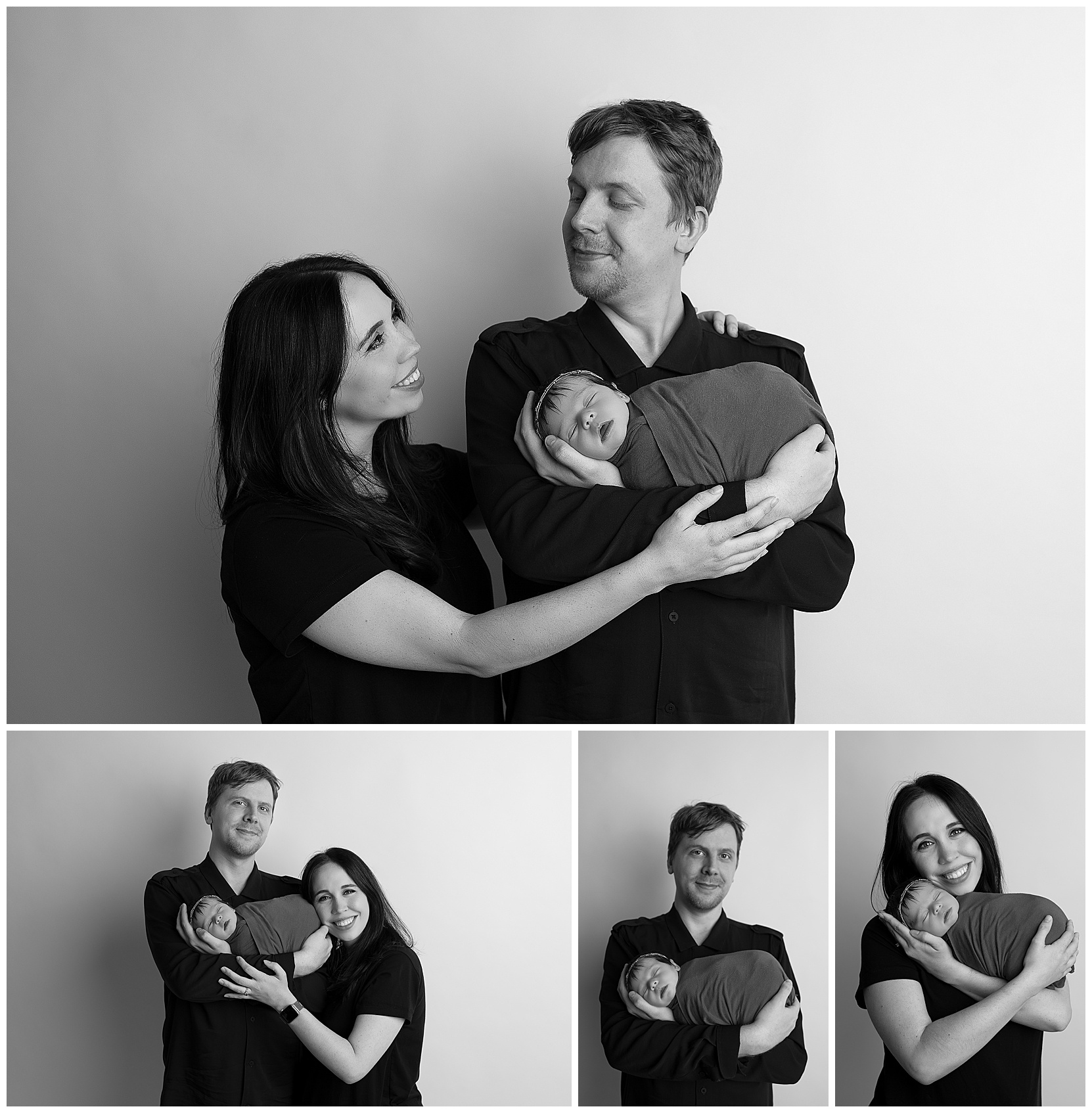 collage of parents holding their new baby in black/white photos